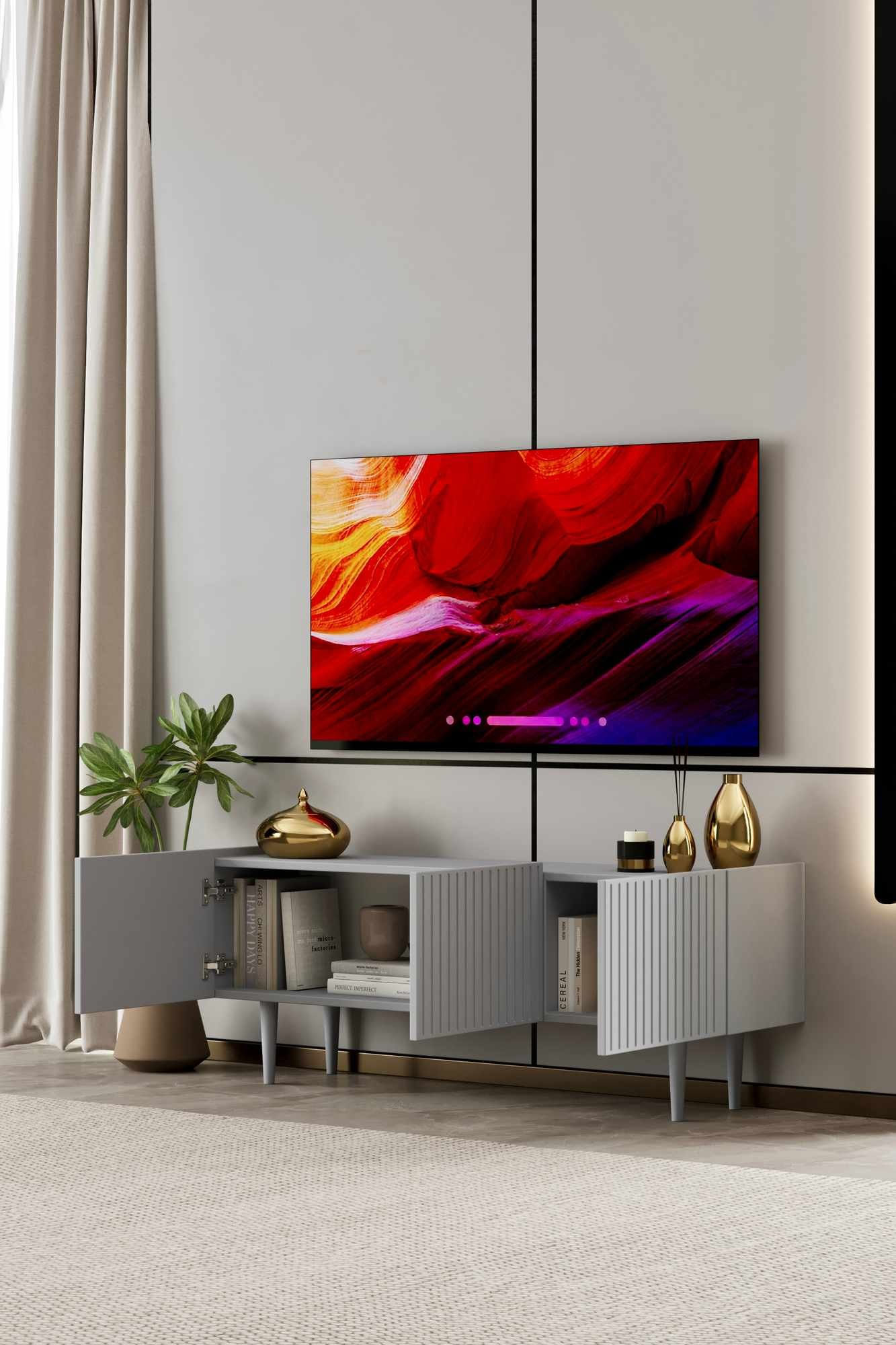 Comoda TV Capella 140, 140 x 50 x 29 cm, gri deschis, MDF, capacitate 24 kg, light gri — imaginea 2