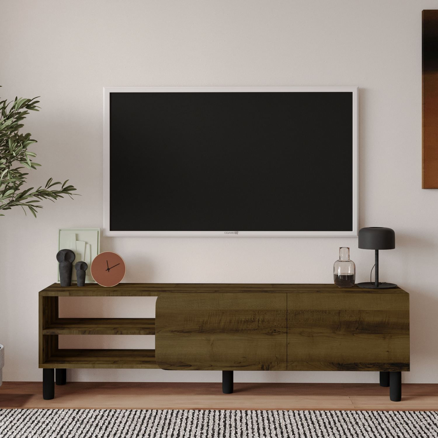 Comoda TV River, 150 x 48, 2 x 31, 4 cm, nuc antichizat, PAL melaminat, fixare pe perete, antique nuc — imaginea 2