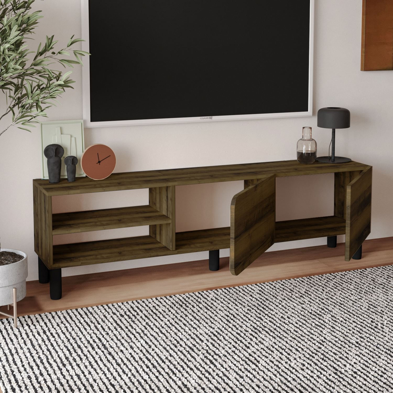 Comoda TV River, 150 x 48, 2 x 31, 4 cm, nuc antichizat, PAL melaminat, fixare pe perete, antique nuc — imaginea 3