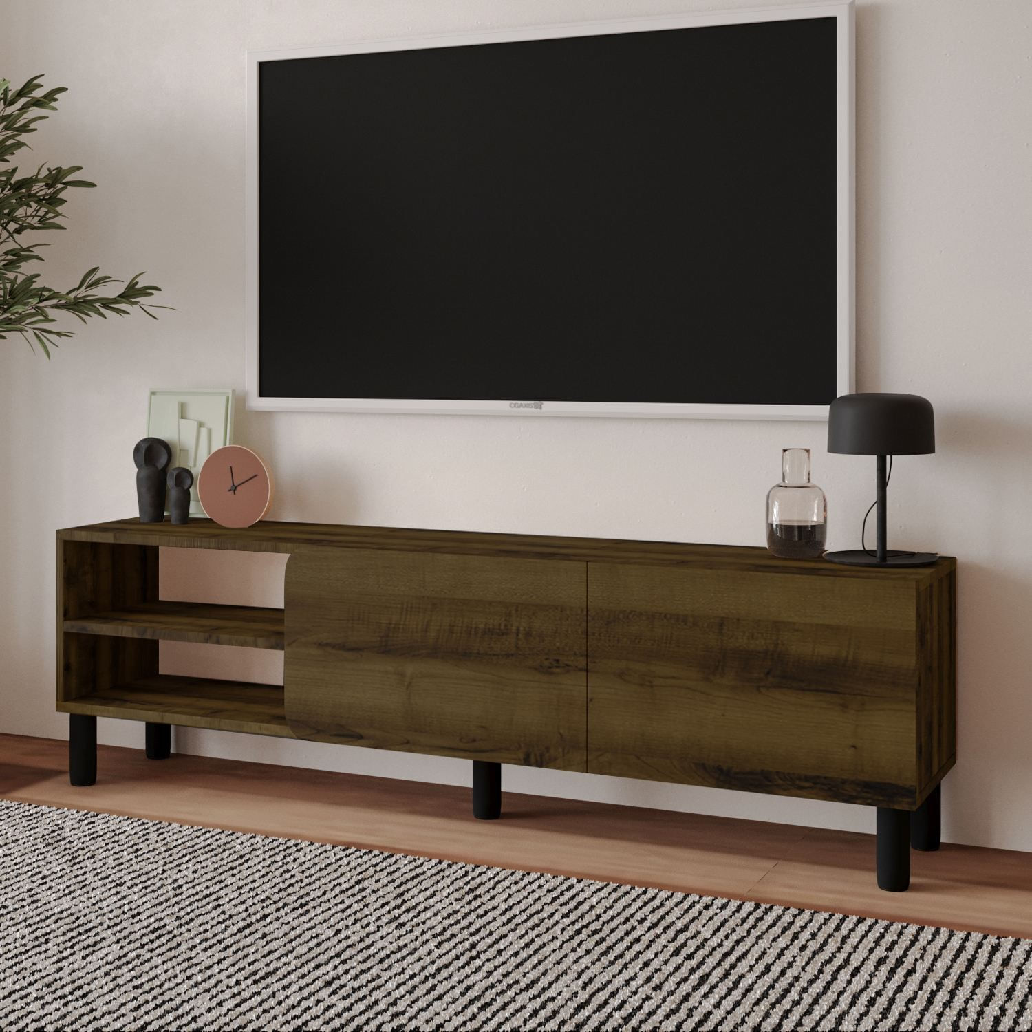 Comoda TV River, 150 x 48, 2 x 31, 4 cm, nuc antichizat, PAL melaminat, fixare pe perete, antique nuc — imaginea 6