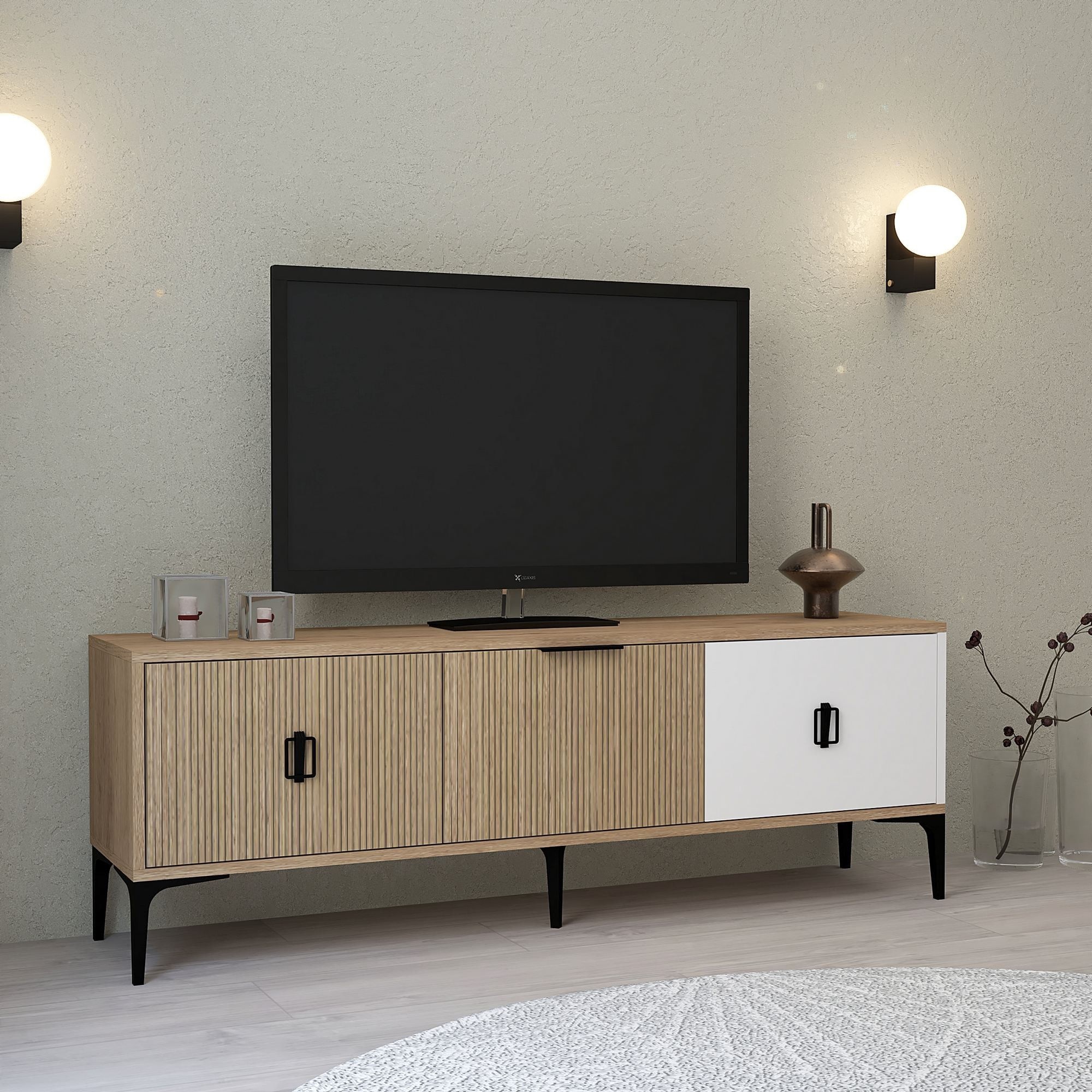 Comoda TV Neva 3502, 150 x 50 x 35 cm, stejar alb, PAL melaminat — imaginea 3