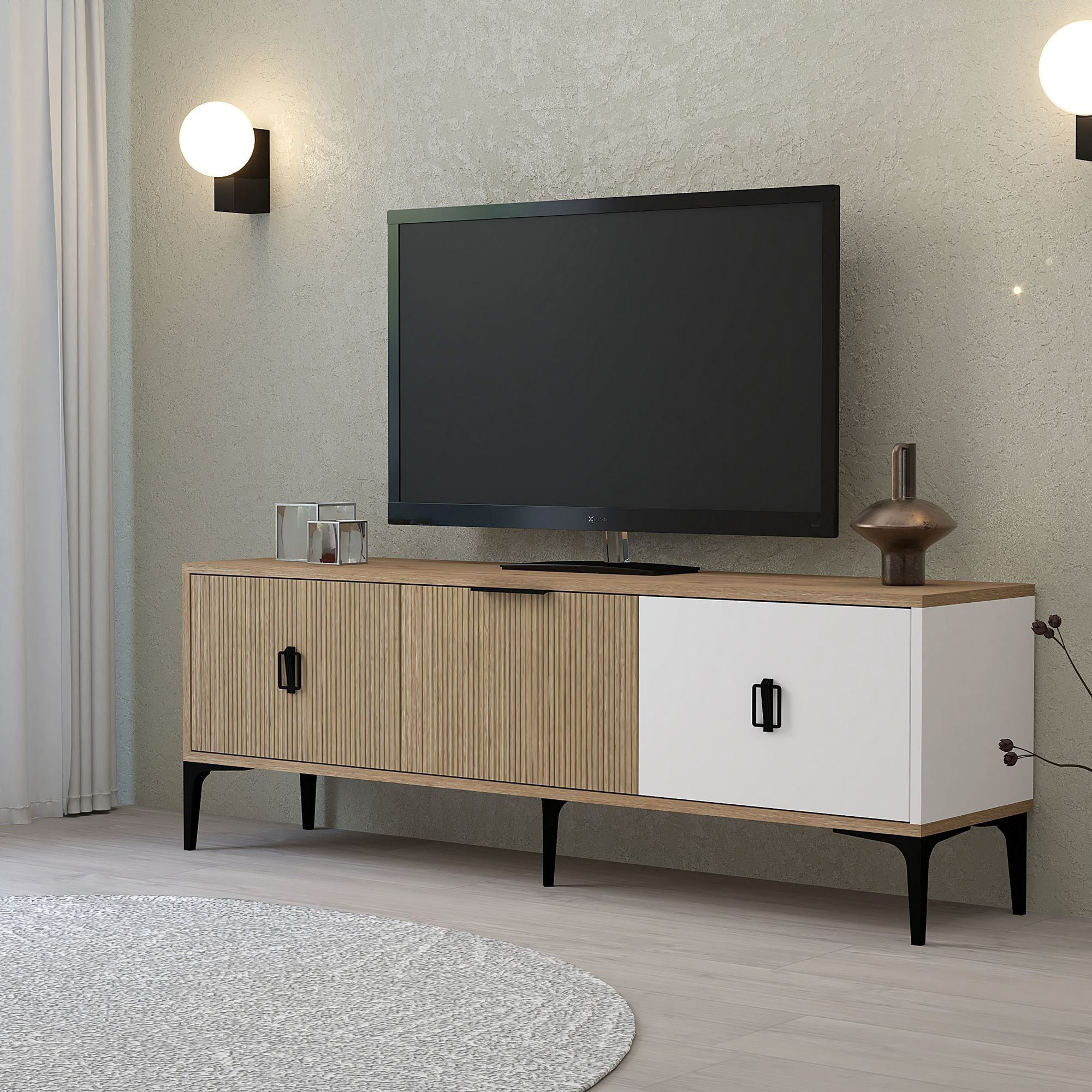 Comoda TV Neva 3502, 150 x 50 x 35 cm, stejar alb, PAL melaminat — imaginea 4