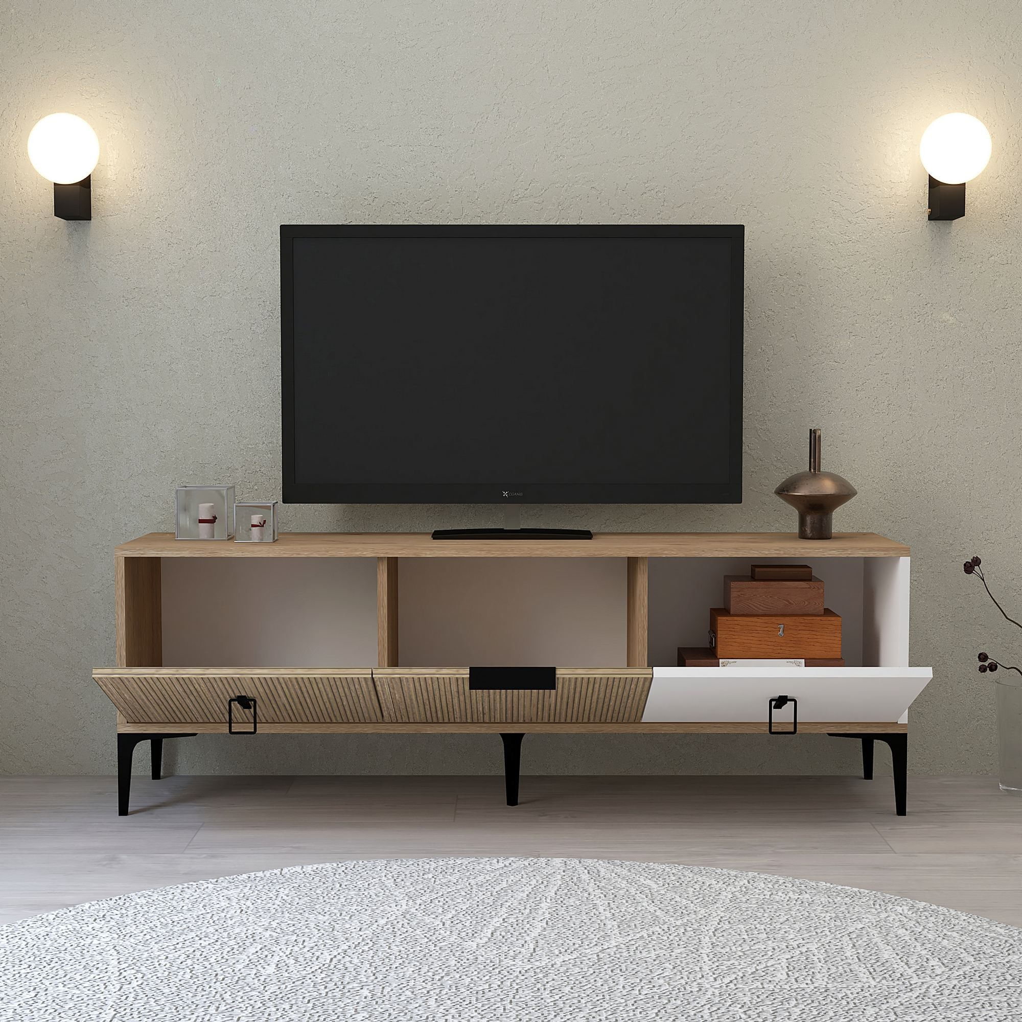 Comoda TV Neva 3502, 150 x 50 x 35 cm, stejar alb, PAL melaminat — imaginea 5