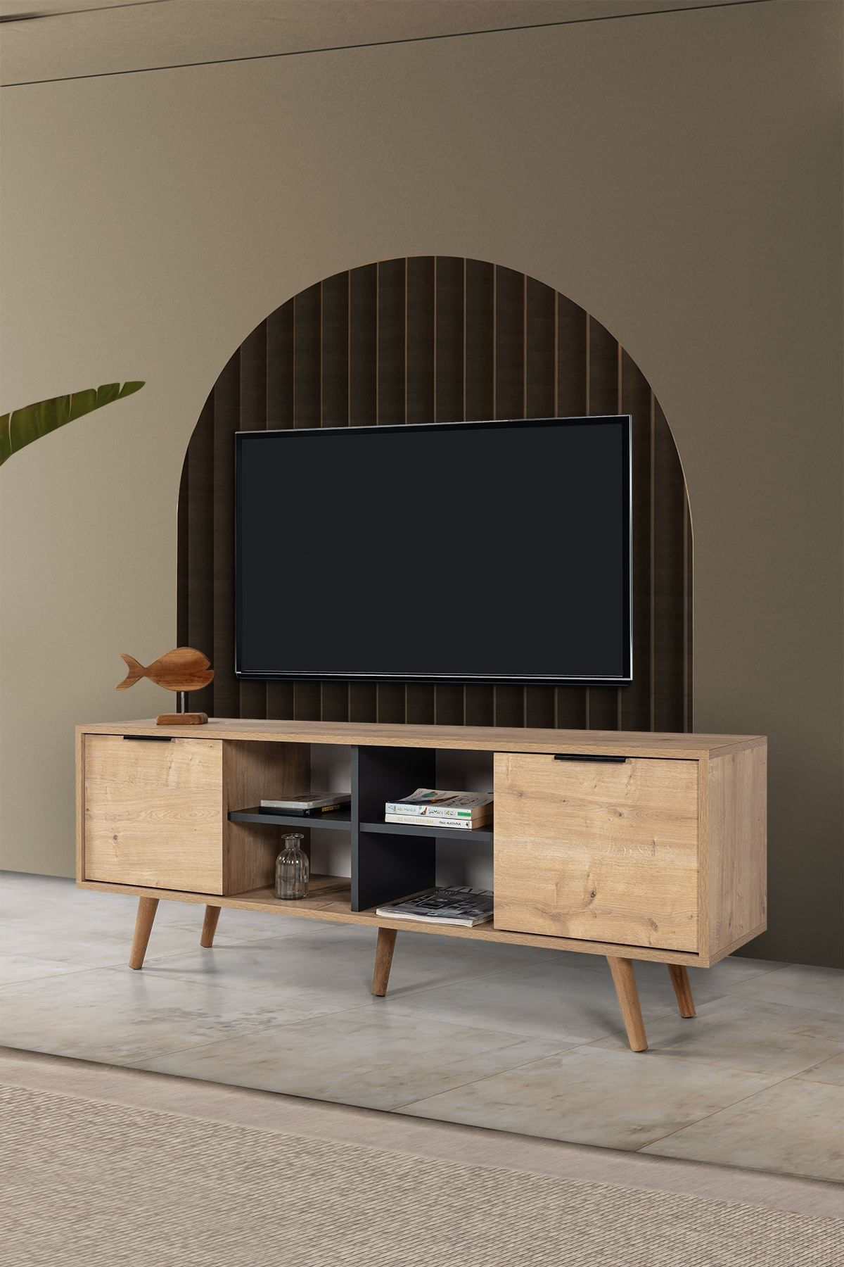 Comoda TV Sina 3619, 160 x 59 x 35 cm, stejar safir antracit, PAL melaminat — imaginea 3