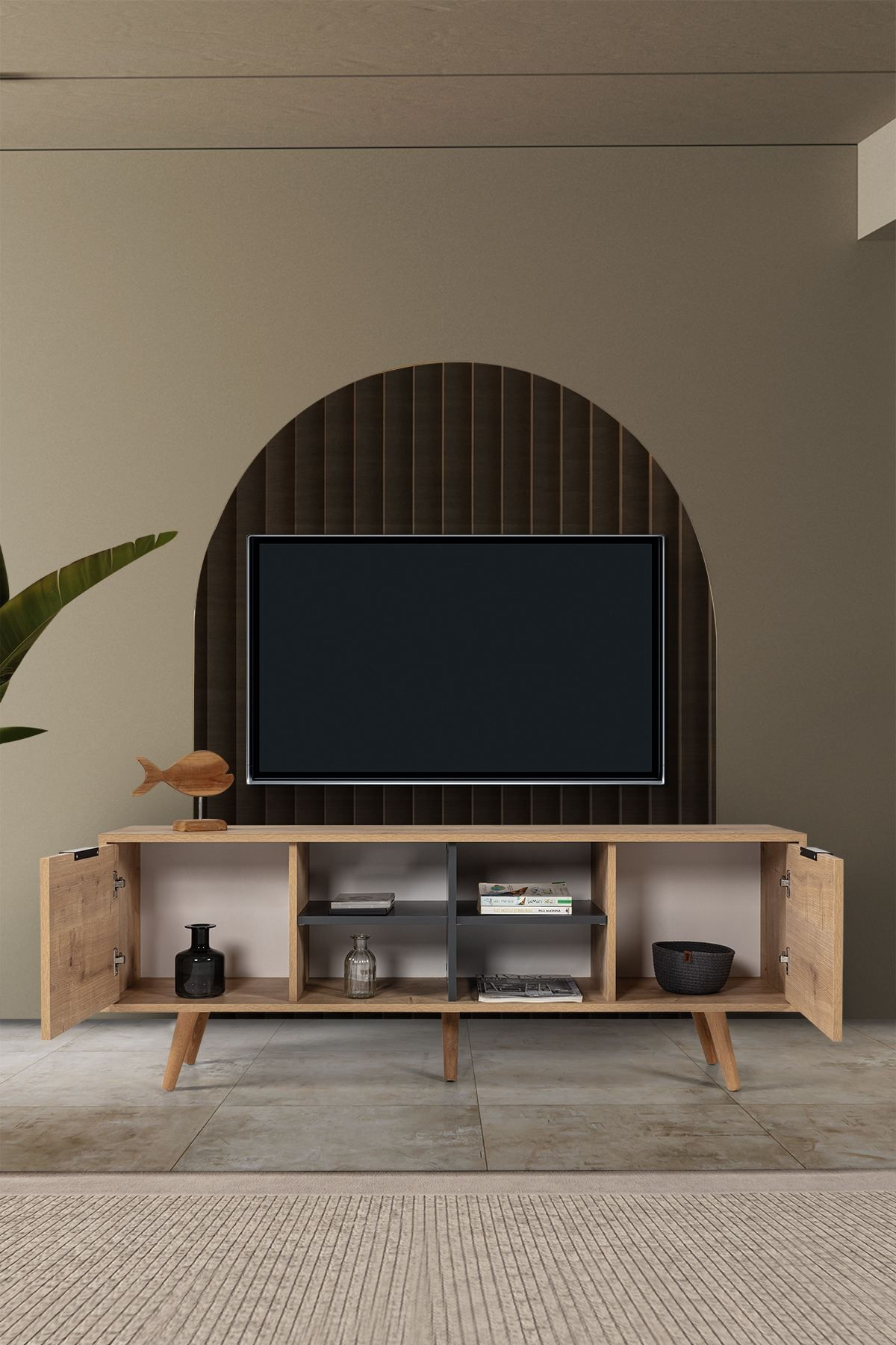 Comoda TV Sina 3619, 160 x 59 x 35 cm, stejar safir antracit, PAL melaminat — imaginea 7