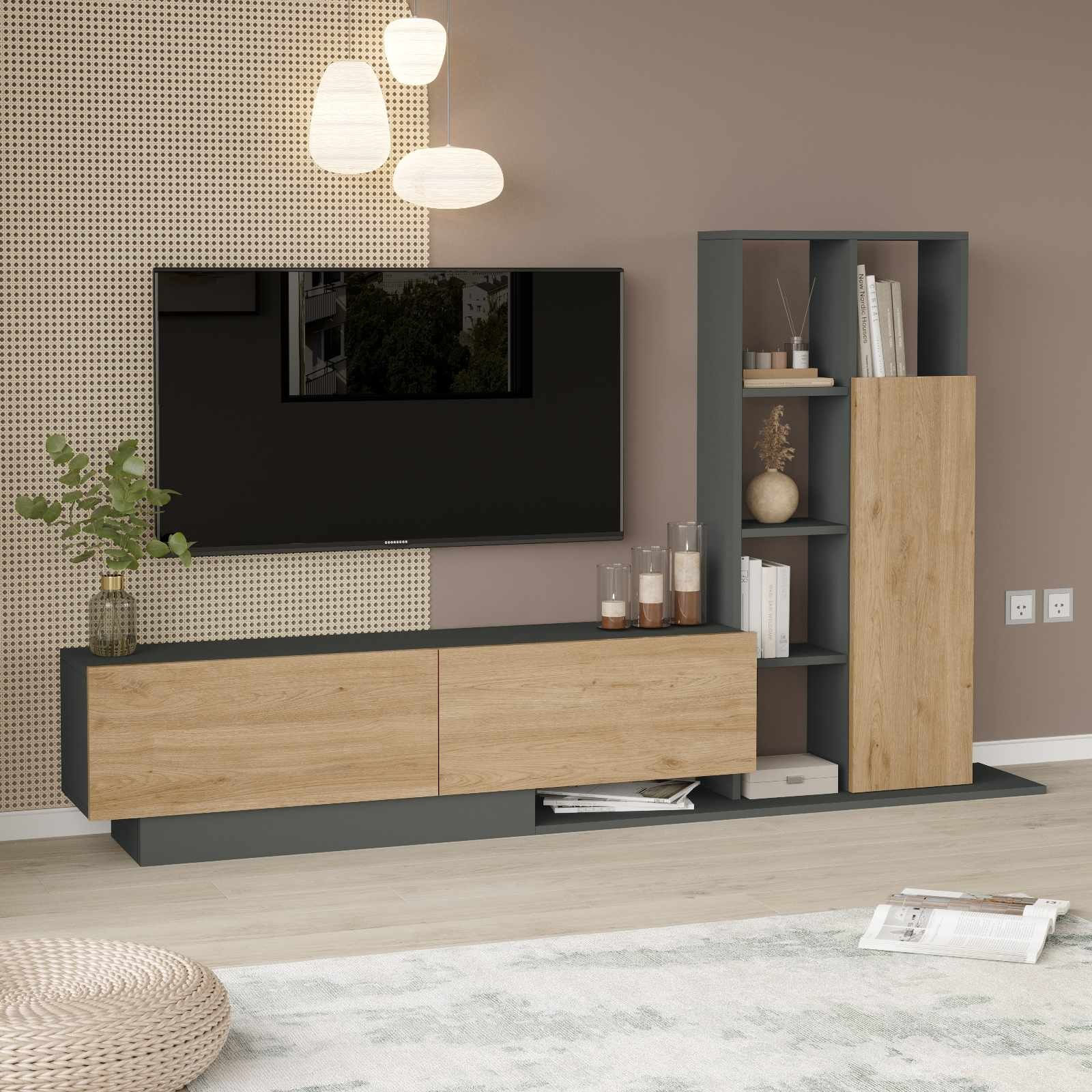 Comoda TV For1-Sa, 201,2 x 123,6 x 29,5 cm, natural antracit, PAL melaminat, capacitate 60 kg — imaginea 5