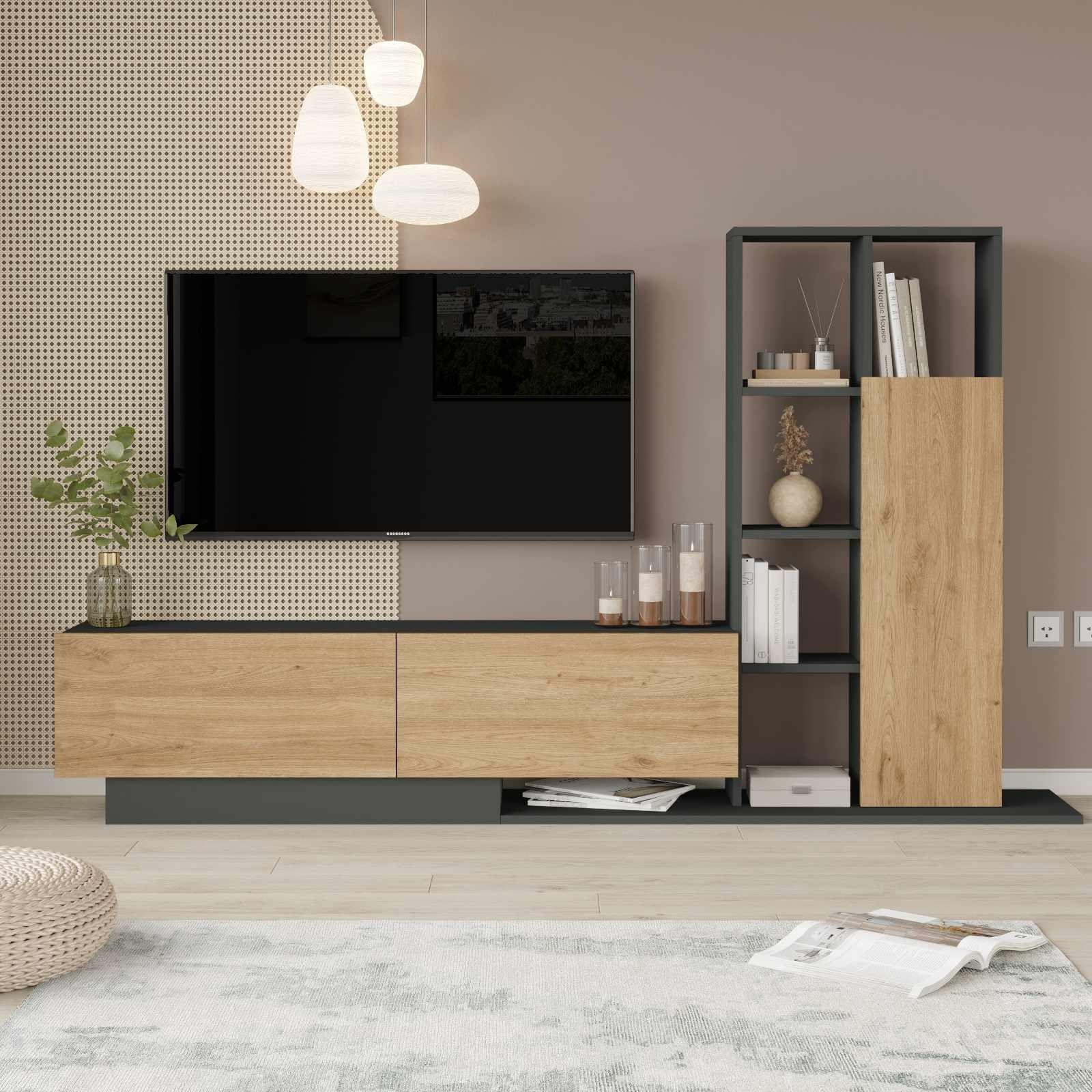 Comoda TV For1-Sa, 201,2 x 123,6 x 29,5 cm, natural antracit, PAL melaminat, capacitate 60 kg — imaginea 6