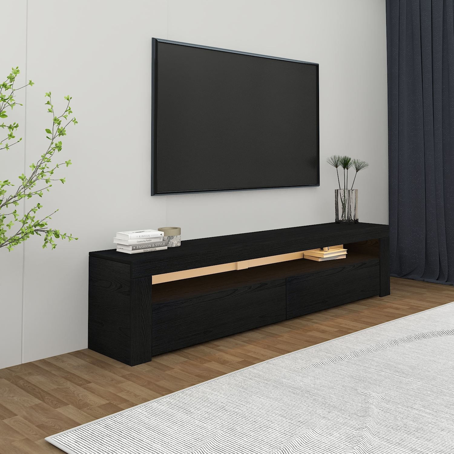 Comoda TV Batı, 150 x 46, 8 x 36, 8 cm, lemn negru, PAL melaminat, fixare pe perete, wood negru — imaginea 3