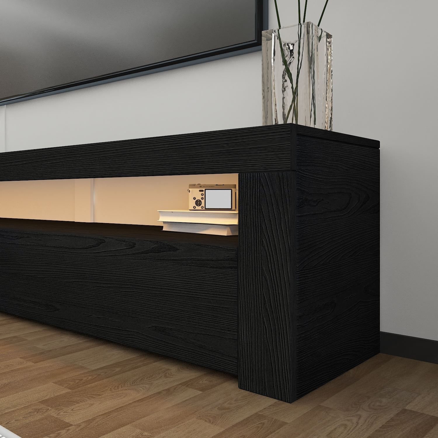 Comoda TV Batı, 150 x 46, 8 x 36, 8 cm, lemn negru, PAL melaminat, fixare pe perete, wood negru — imaginea 5