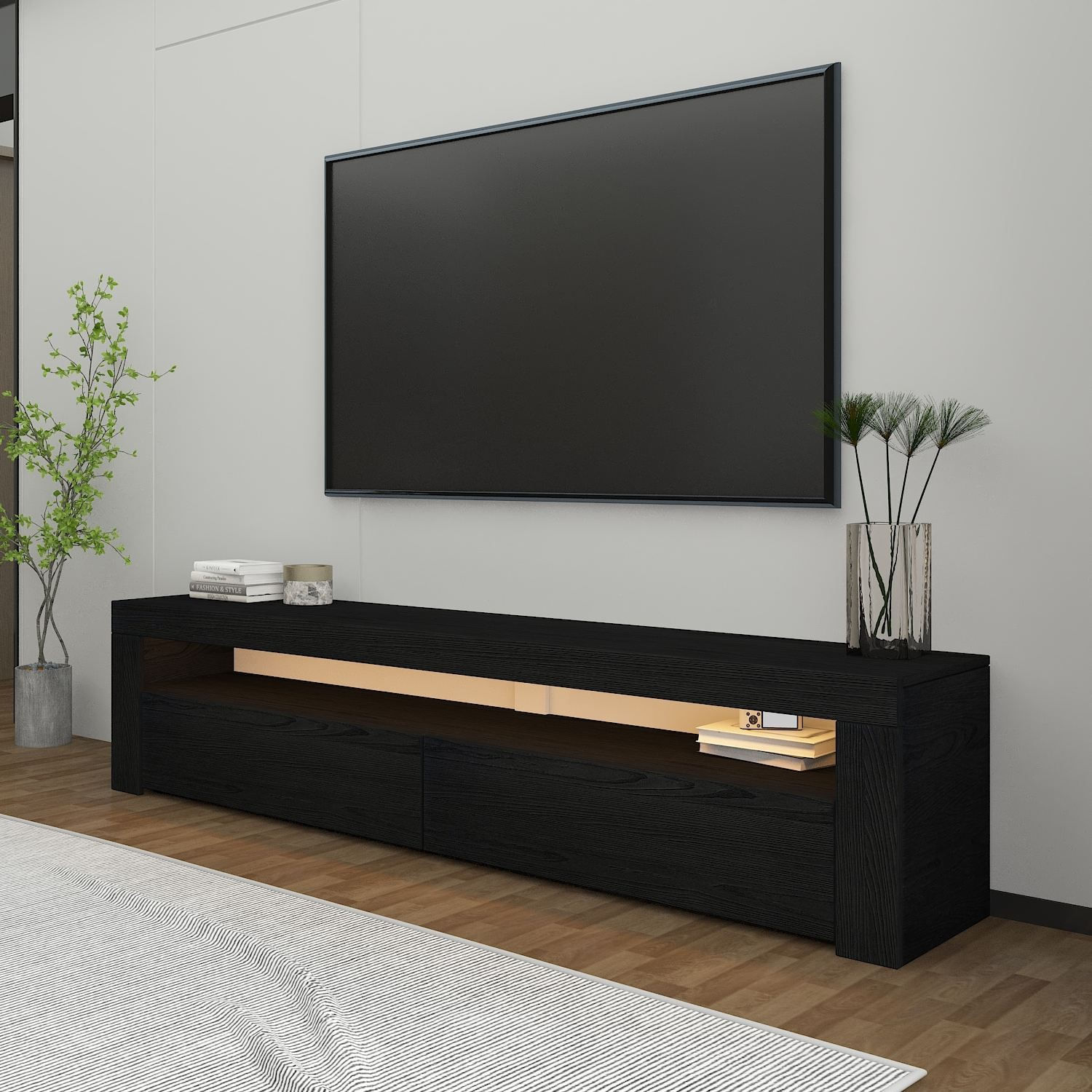 Comoda TV Batı, 150 x 46, 8 x 36, 8 cm, lemn negru, PAL melaminat, fixare pe perete, wood negru — imaginea 6