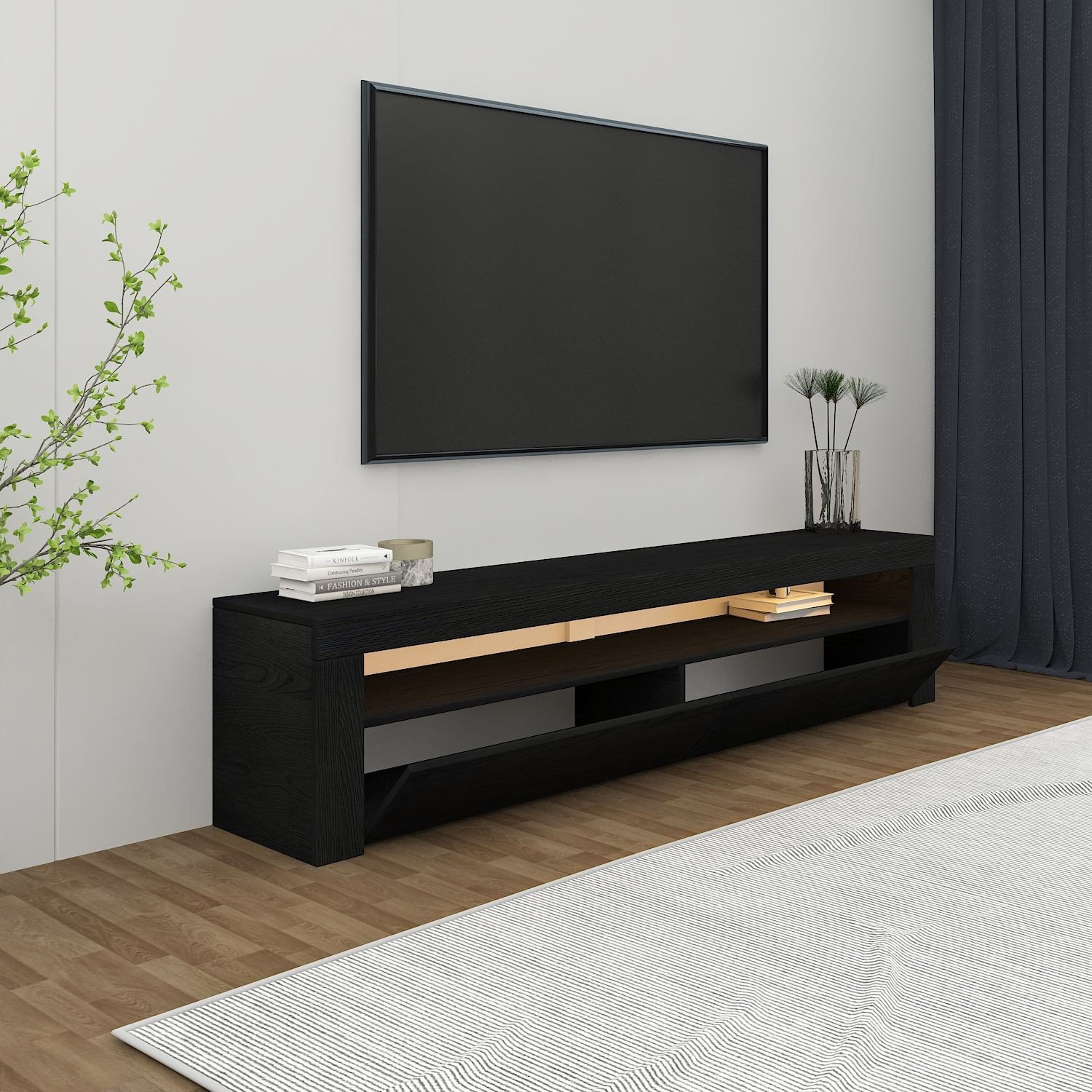 Comoda TV Batı, 150 x 46, 8 x 36, 8 cm, lemn negru, PAL melaminat, fixare pe perete, wood negru — imaginea 7