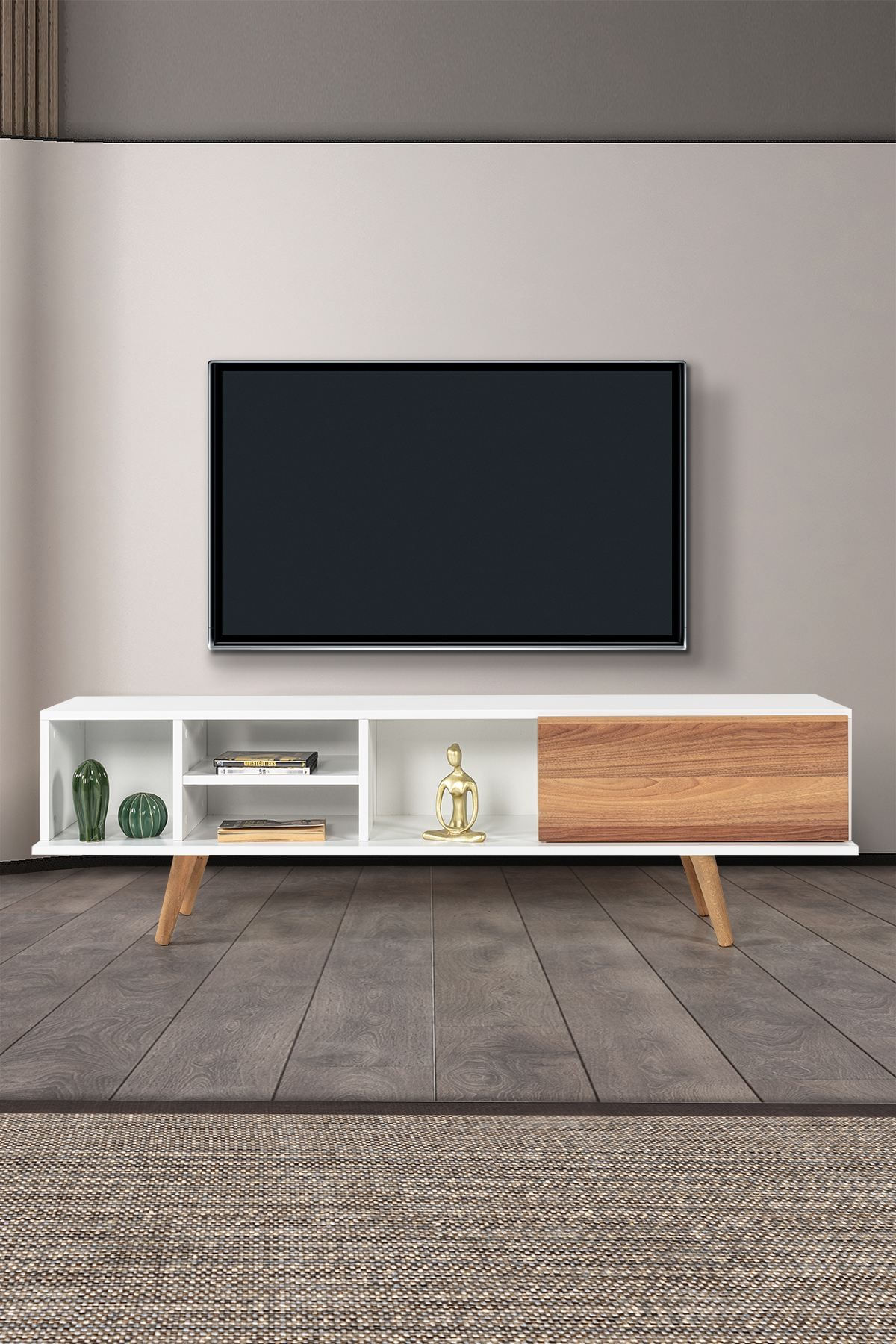 Comoda TV Ela 3630, 160 x 47 x 35 cm, alb nuc, PAL melaminat — imaginea 2