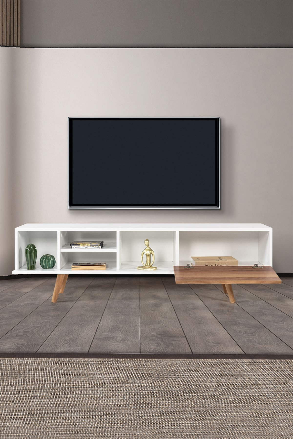 Comoda TV Ela 3630, 160 x 47 x 35 cm, alb nuc, PAL melaminat — imaginea 3