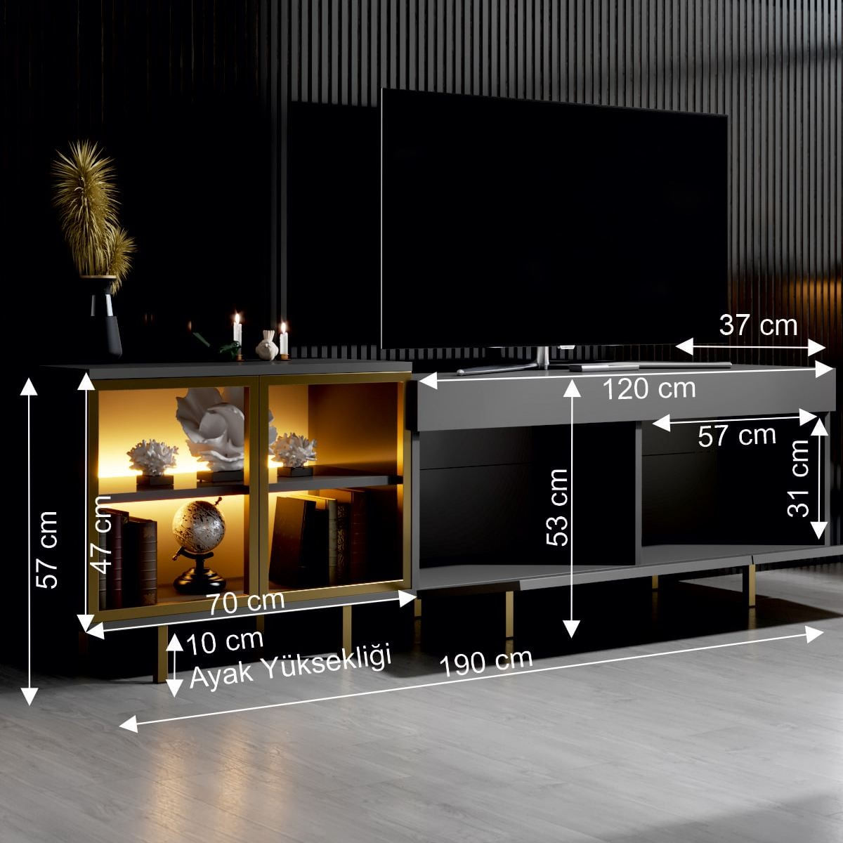 Comoda TV Vienna, 190 x 57 x 37 cm, antracit auriu, PAL melaminat, spatiu de depozitare, fixare pe perete, antracit / gold — imaginea 3
