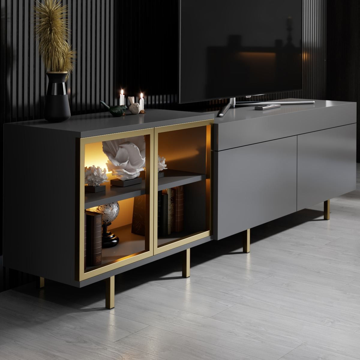 Comoda TV Vienna, 190 x 57 x 37 cm, antracit auriu, PAL melaminat, spatiu de depozitare, fixare pe perete, antracit / gold — imaginea 4