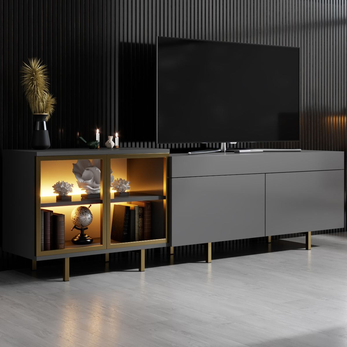Comoda TV Vienna, 190 x 57 x 37 cm, antracit auriu, PAL melaminat, spatiu de depozitare, fixare pe perete, antracit / gold — imaginea 5