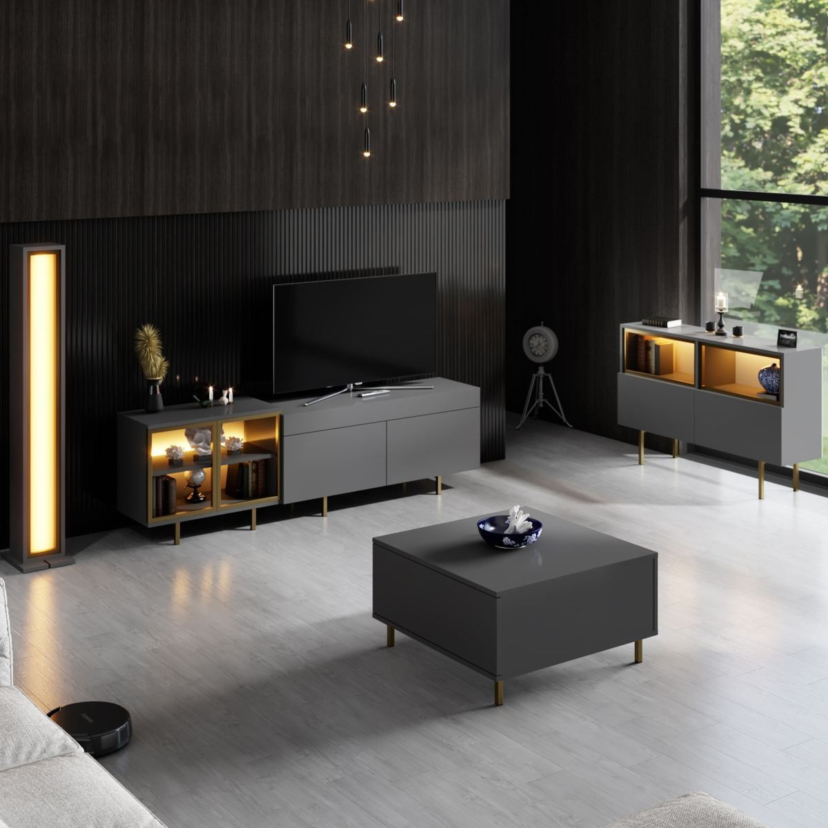 Comoda TV Vienna, 190 x 57 x 37 cm, antracit auriu, PAL melaminat, spatiu de depozitare, fixare pe perete, antracit / gold — imaginea 6