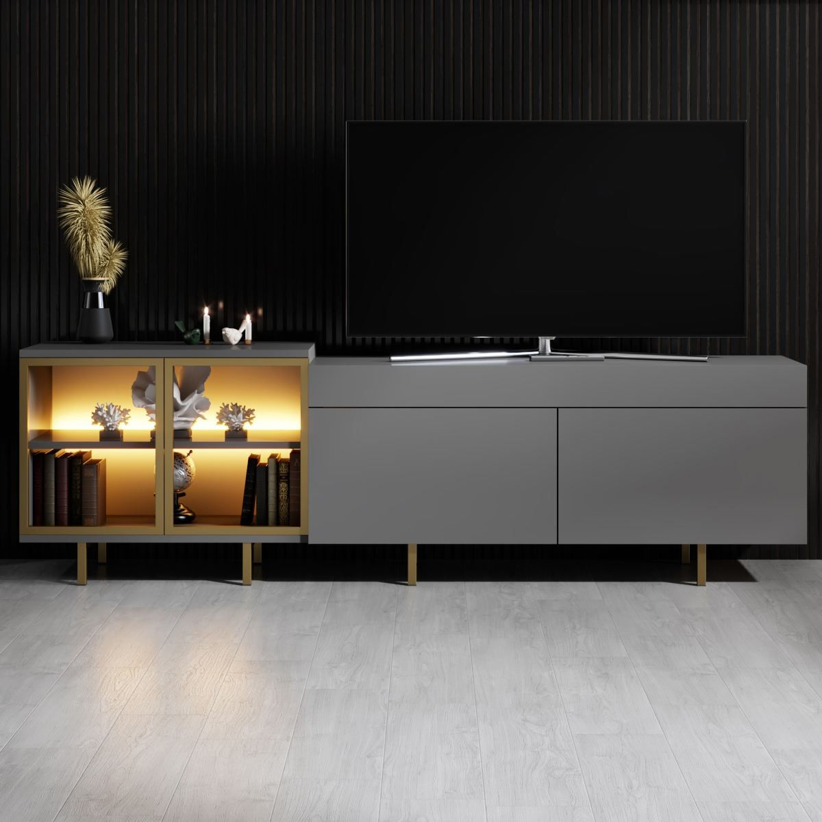 Comoda TV Vienna, 190 x 57 x 37 cm, antracit auriu, PAL melaminat, spatiu de depozitare, fixare pe perete, antracit / gold — imaginea 7