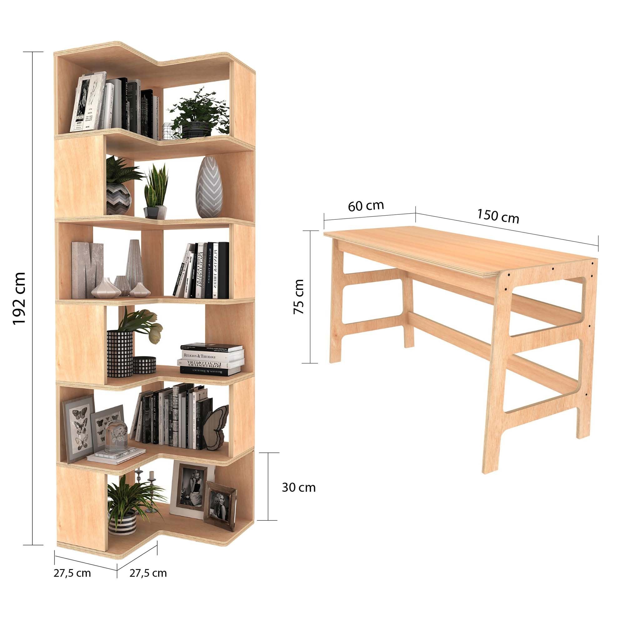 Birou cu biblioteca CPT4801-150, 55 x 192 x 27 cm, natural, lemn, spatiu de depozitare, fixare pe perete — imaginea 8
