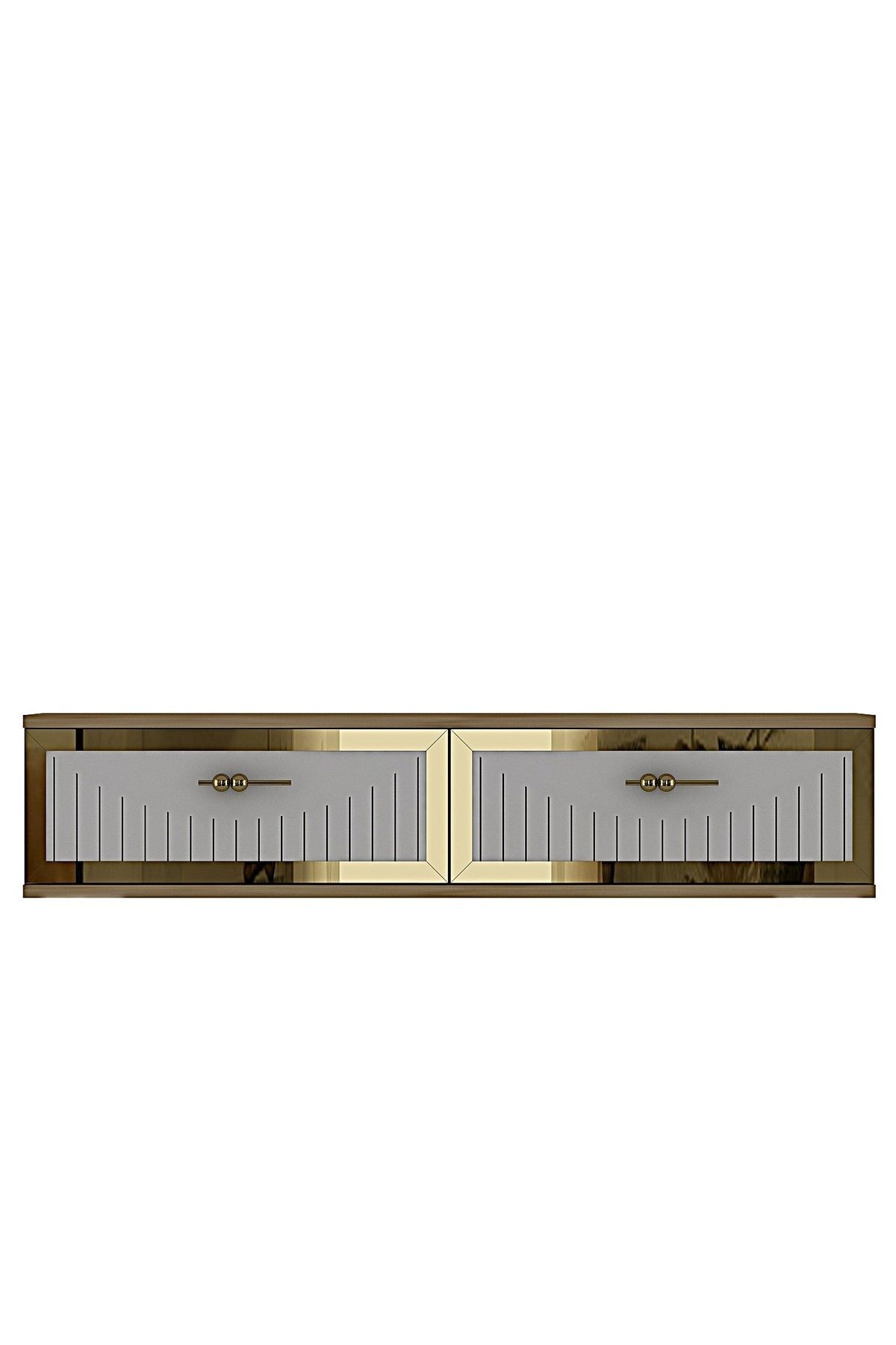 Comoda dormitor Tuna 120, 120 x 25, 5 x 29, 6 cm, stejar safir alb auriu, PAL melaminat, oglinda inclusa, fixare pe perete, safir stejar / alb / gold — imaginea 3