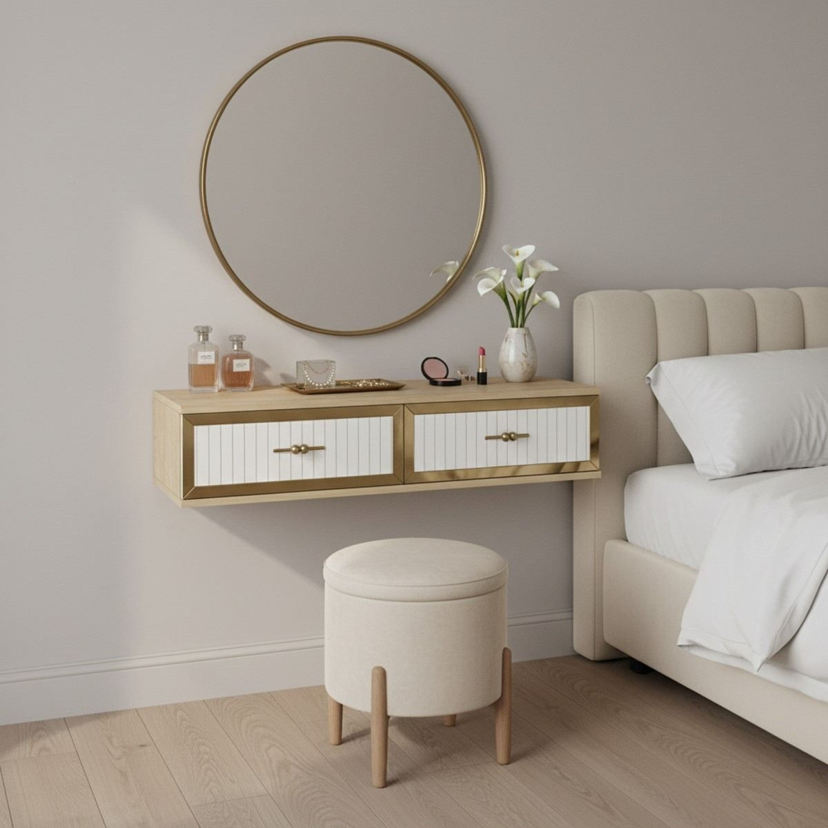 Comoda dormitor Tuna 120, 120 x 25, 5 x 29, 6 cm, stejar safir alb auriu, PAL melaminat, oglinda inclusa, fixare pe perete, safir stejar / alb / gold — imaginea 4