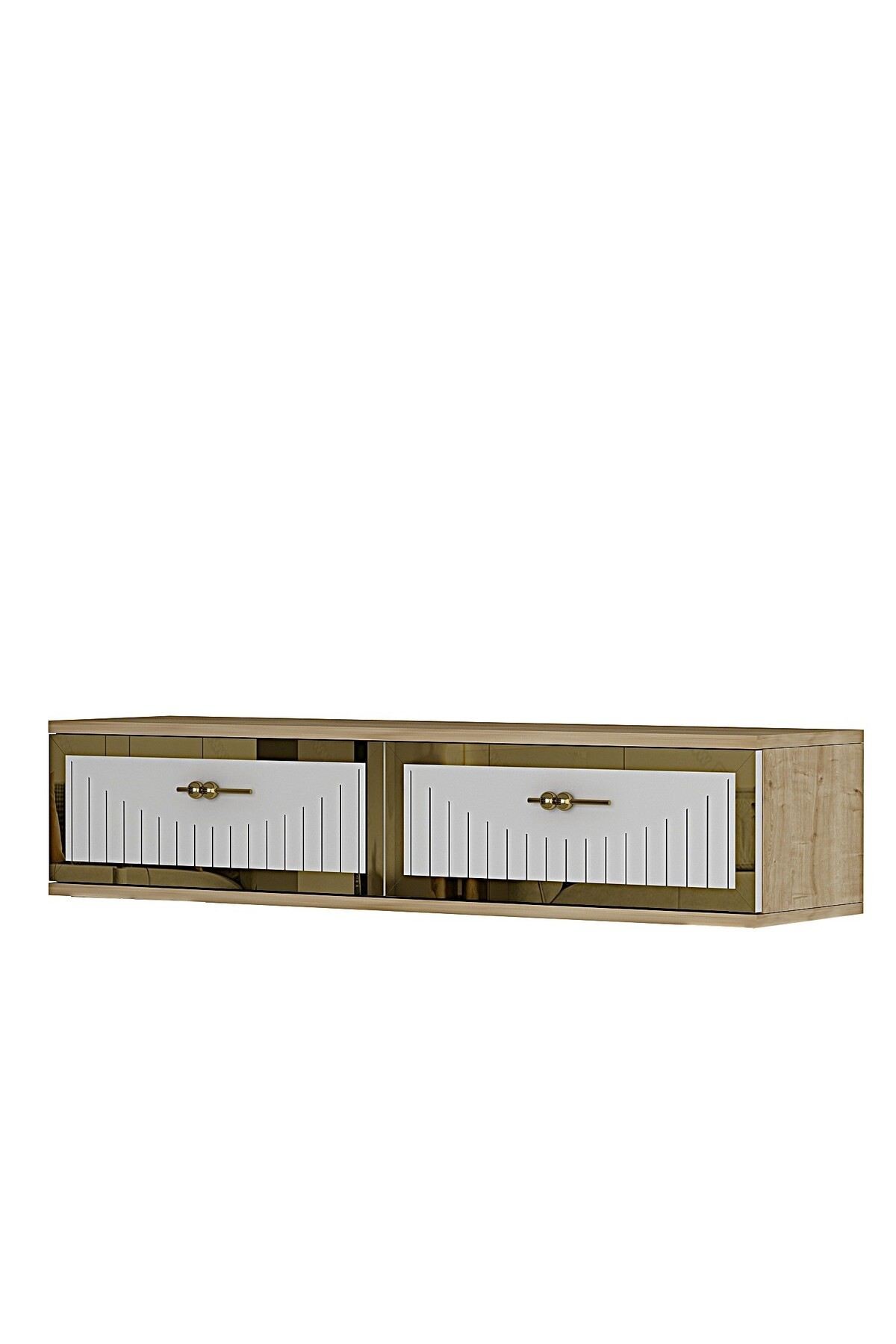 Comoda dormitor Tuna 120, 120 x 25, 5 x 29, 6 cm, stejar safir alb auriu, PAL melaminat, oglinda inclusa, fixare pe perete, safir stejar / alb / gold — imaginea 7