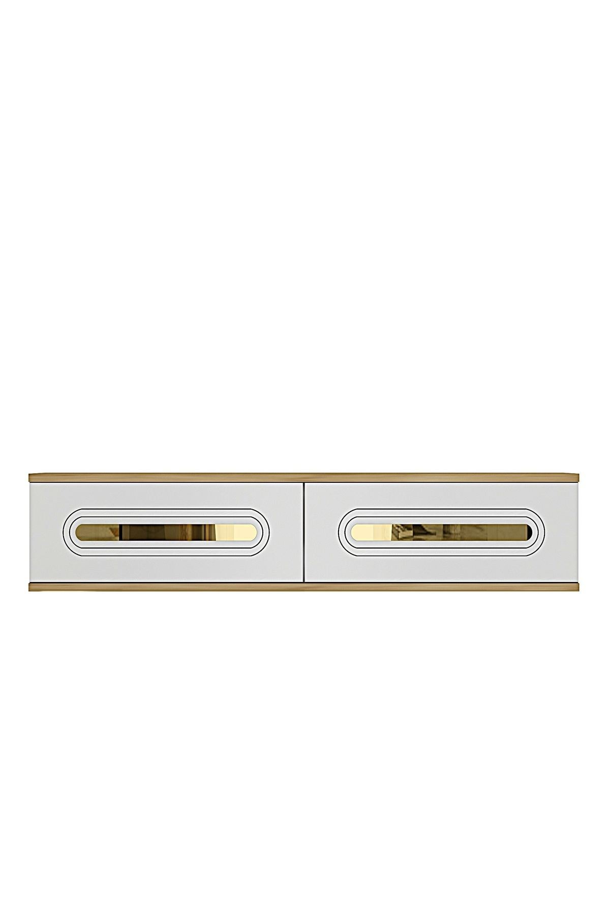 Comoda dormitor Rany 120, 120 x 25, 5 x 29, 6 cm, stejar safir alb auriu, PAL melaminat, oglinda inclusa, fixare pe perete, safir stejar / alb / gold — imaginea 2