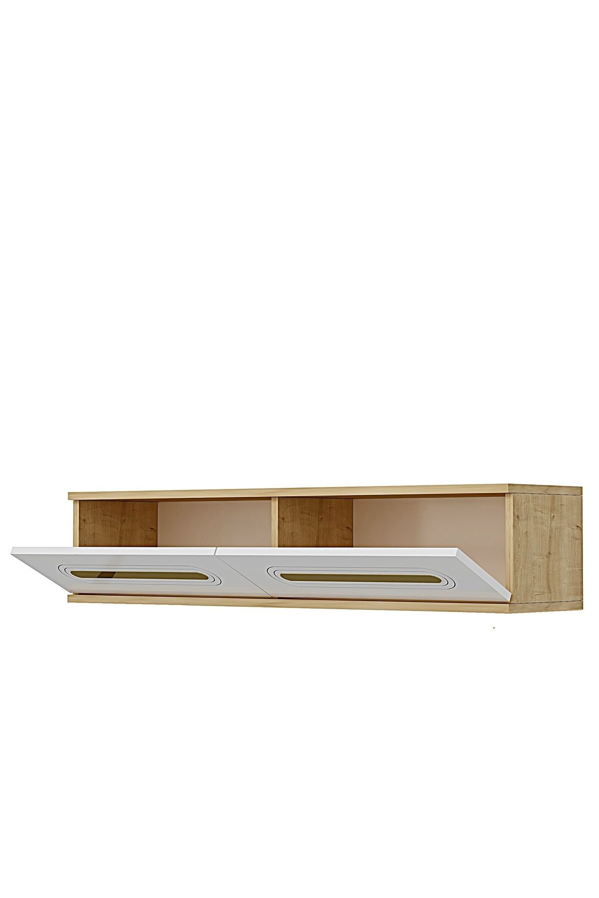 Comoda dormitor Rany 120, 120 x 25, 5 x 29, 6 cm, stejar safir alb auriu, PAL melaminat, oglinda inclusa, fixare pe perete, safir stejar / alb / gold — imaginea 3