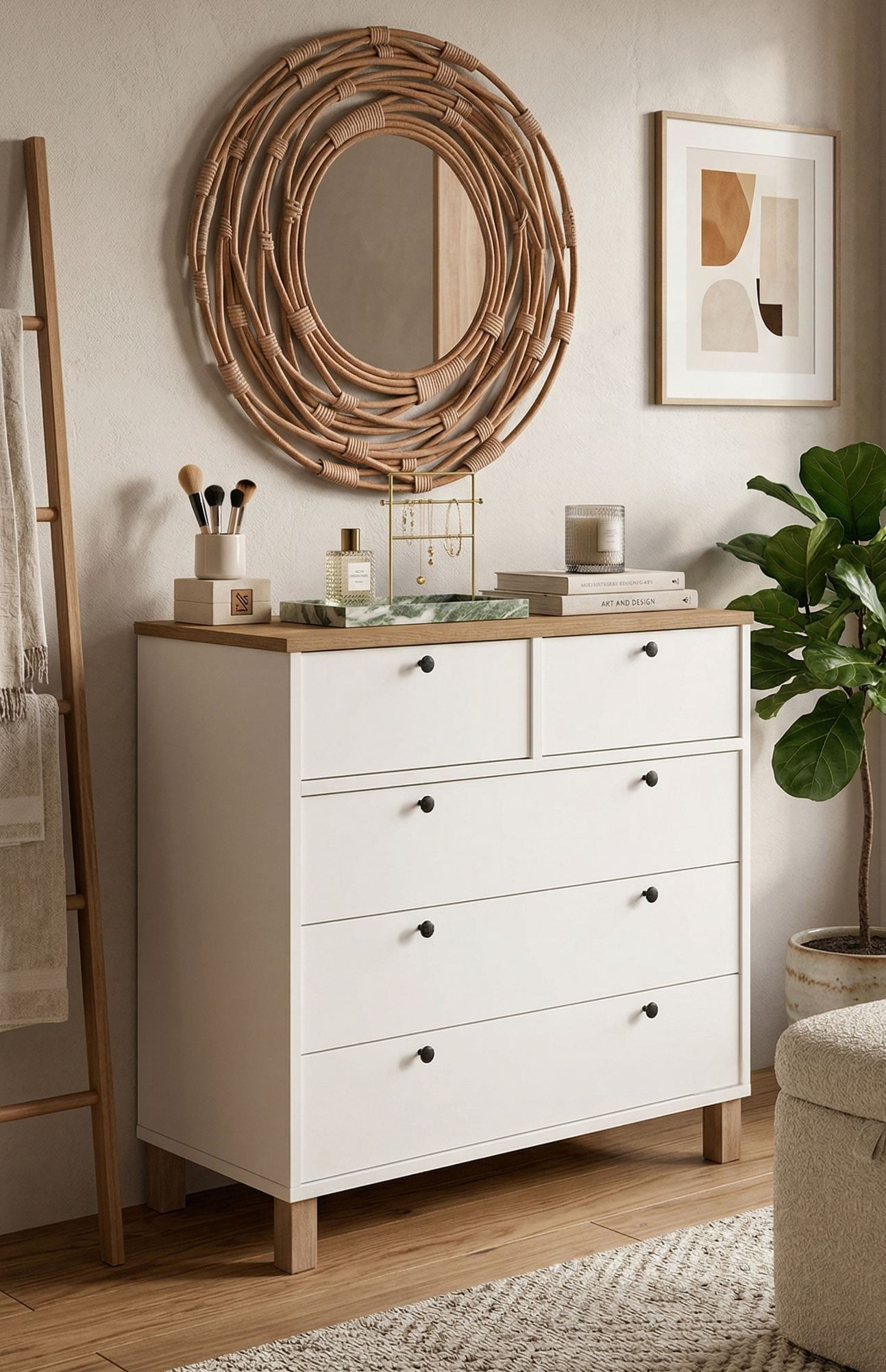 Comoda dormitor Nord - ND3-SW, 90 x 85,2 x 40 cm, alb si stejar, PAL melaminat, spatiu de depozitare, fixare pe perete — imaginea 2