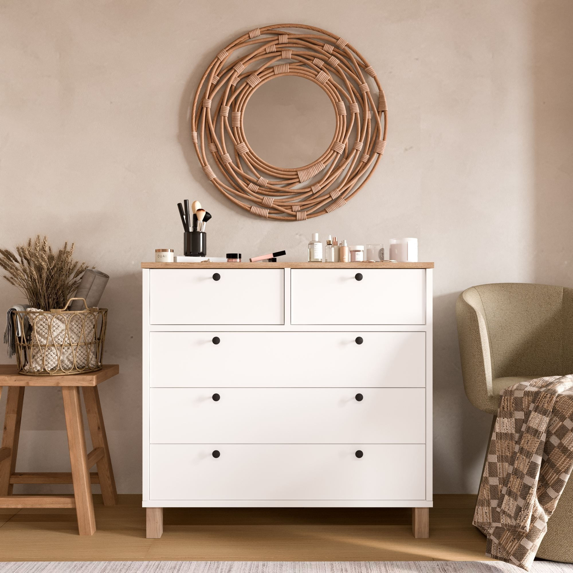 Comoda dormitor Nord - ND3-SW, 90 x 85,2 x 40 cm, alb si stejar, PAL melaminat, spatiu de depozitare, fixare pe perete — imaginea 3