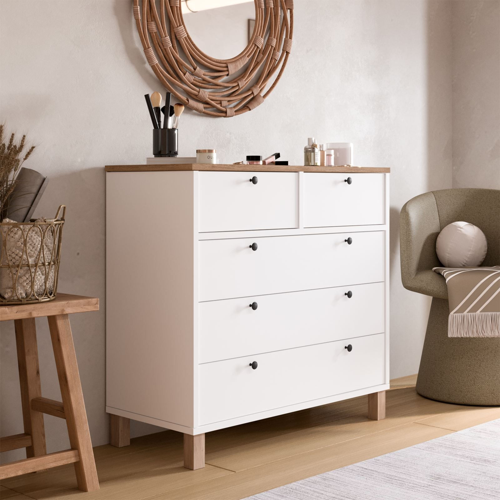 Comoda dormitor Nord - ND3-SW, 90 x 85,2 x 40 cm, alb si stejar, PAL melaminat, spatiu de depozitare, fixare pe perete — imaginea 4