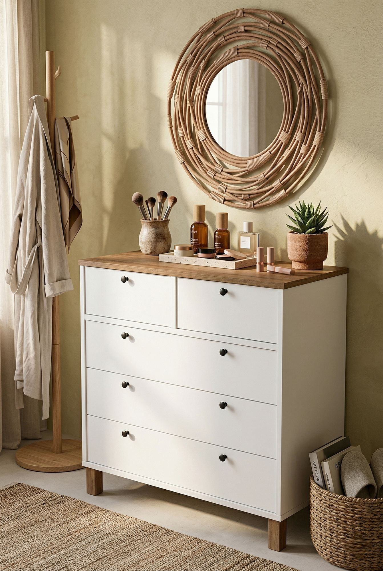 Comoda dormitor Nord - ND3-SW, 90 x 85,2 x 40 cm, alb si stejar, PAL melaminat, spatiu de depozitare, fixare pe perete — imaginea 8