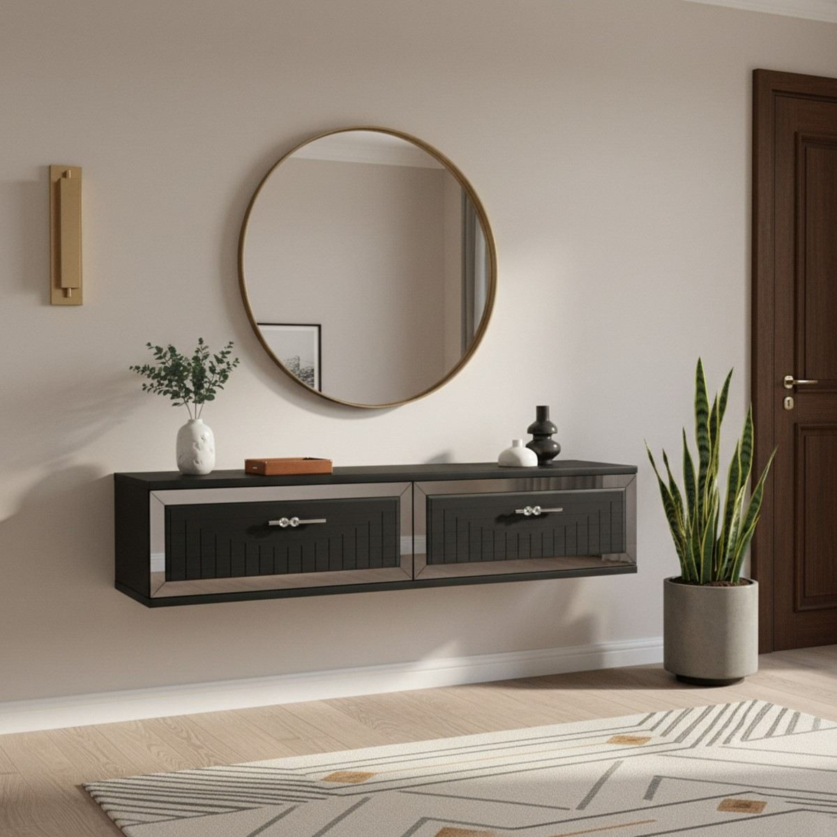 Comoda dormitor Tuna 120, 120 x 25, 5 x 29, 6 cm, antracit argintiu, PAL melaminat, oglinda inclusa, fixare pe perete, antracit / silver — imaginea 2