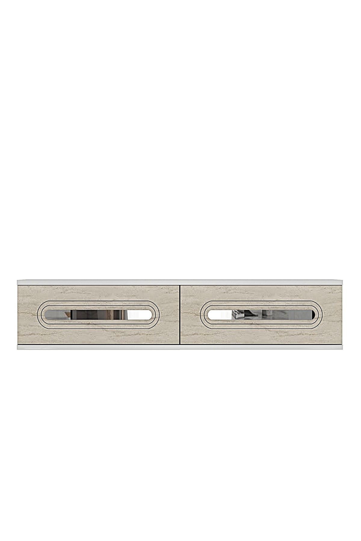 Comoda dormitor Rany 120, 120 x 25, 5 x 29, 6 cm, alb travertin argintiu, PAL melaminat, oglinda inclusa, fixare pe perete, alb / travertin / silver — imaginea 2