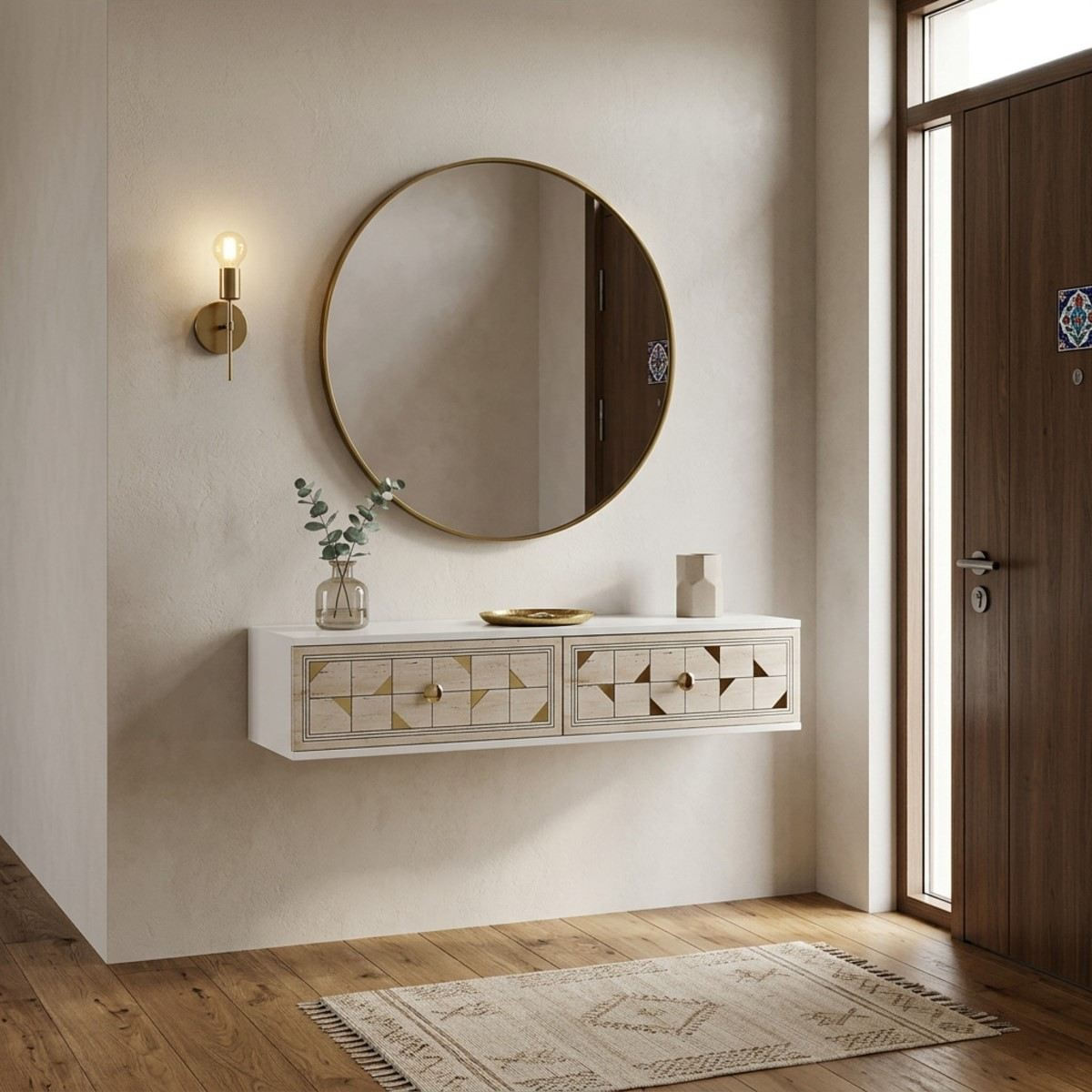 Comoda dormitor Moka 120, 120 x 25, 5 x 29, 6 cm, alb travertin auriu, PAL melaminat, oglinda inclusa, fixare pe perete, alb / travertin / gold — imaginea 2