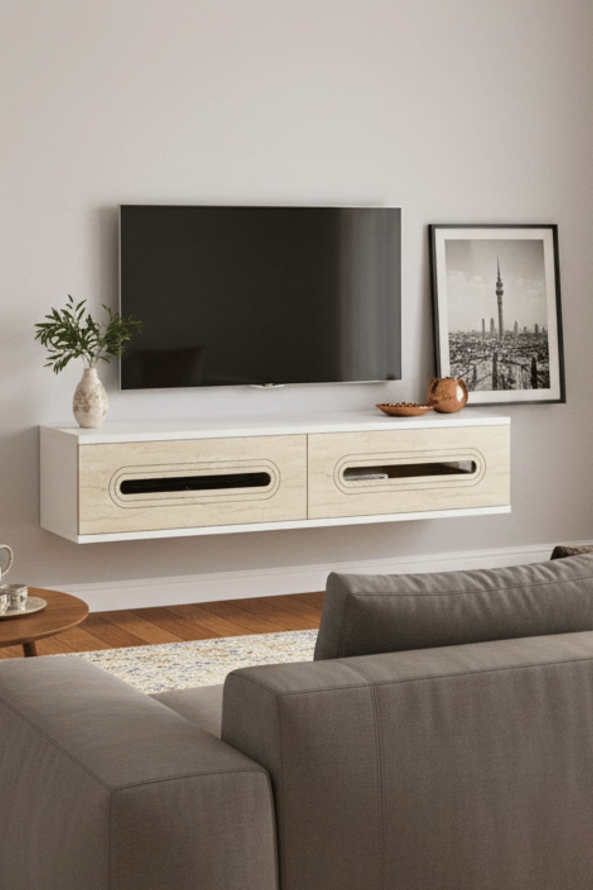 Comoda dormitor Rany 120, 120 x 25, 5 x 29, 6 cm, alb travertin argintiu, PAL melaminat, oglinda inclusa, fixare pe perete, alb / travertin / silver — imaginea 6