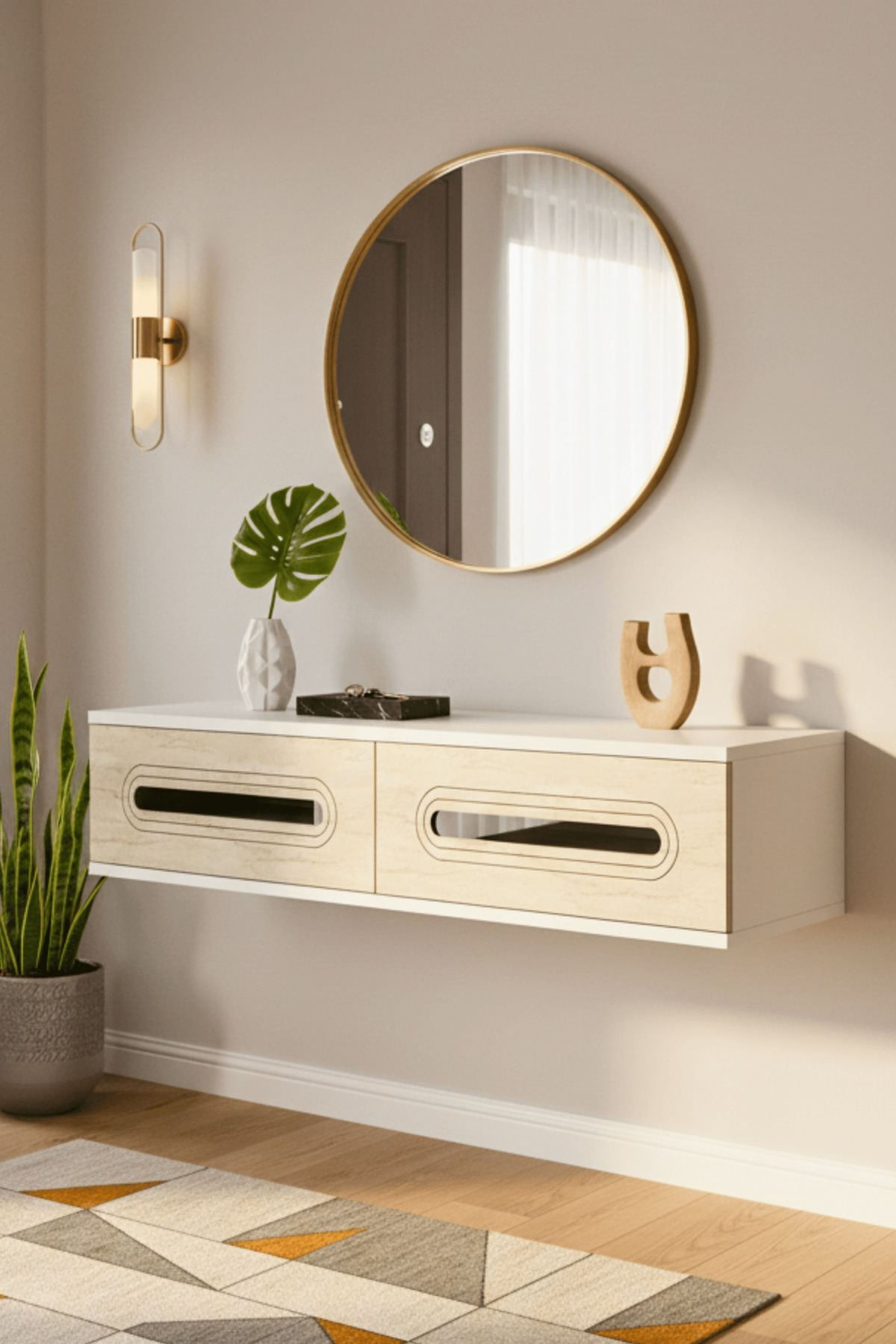 Comoda dormitor Rany 120, 120 x 25, 5 x 29, 6 cm, alb travertin argintiu, PAL melaminat, oglinda inclusa, fixare pe perete, alb / travertin / silver — imaginea 7
