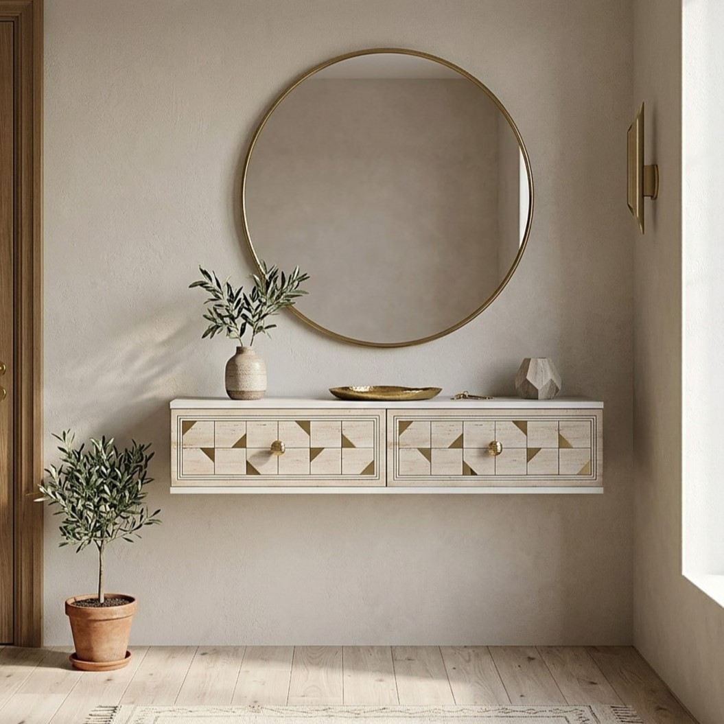 Comoda dormitor Moka 120, 120 x 25, 5 x 29, 6 cm, alb travertin auriu, PAL melaminat, oglinda inclusa, fixare pe perete, alb / travertin / gold — imaginea 3