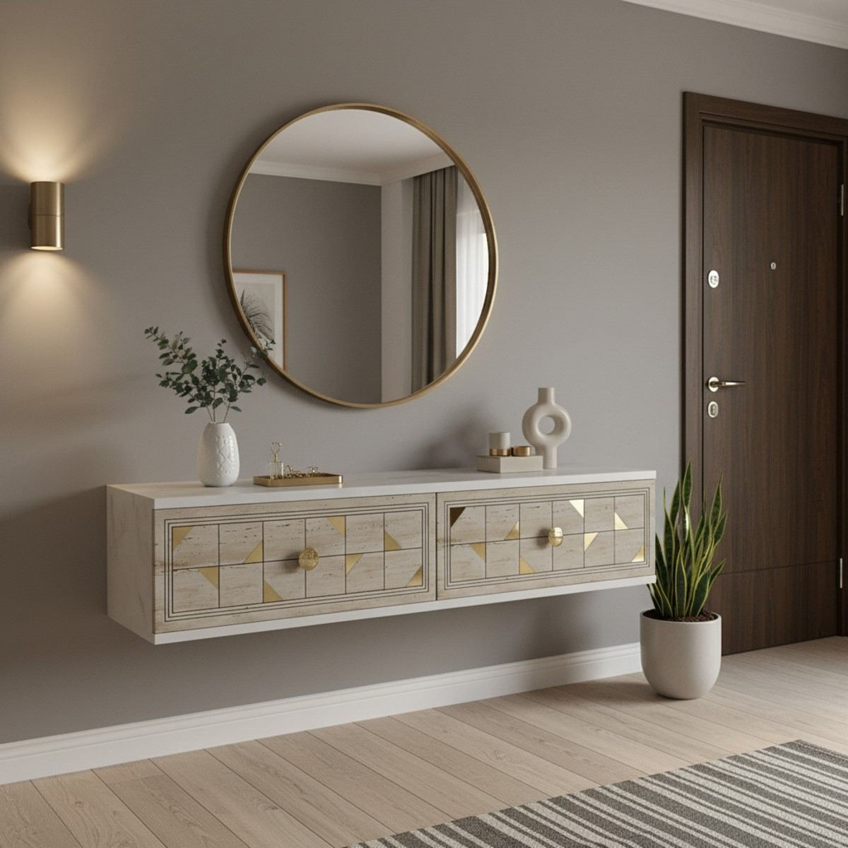 Comoda dormitor Moka 120, 120 x 25, 5 x 29, 6 cm, alb travertin auriu, PAL melaminat, oglinda inclusa, fixare pe perete, alb / travertin / gold — imaginea 4