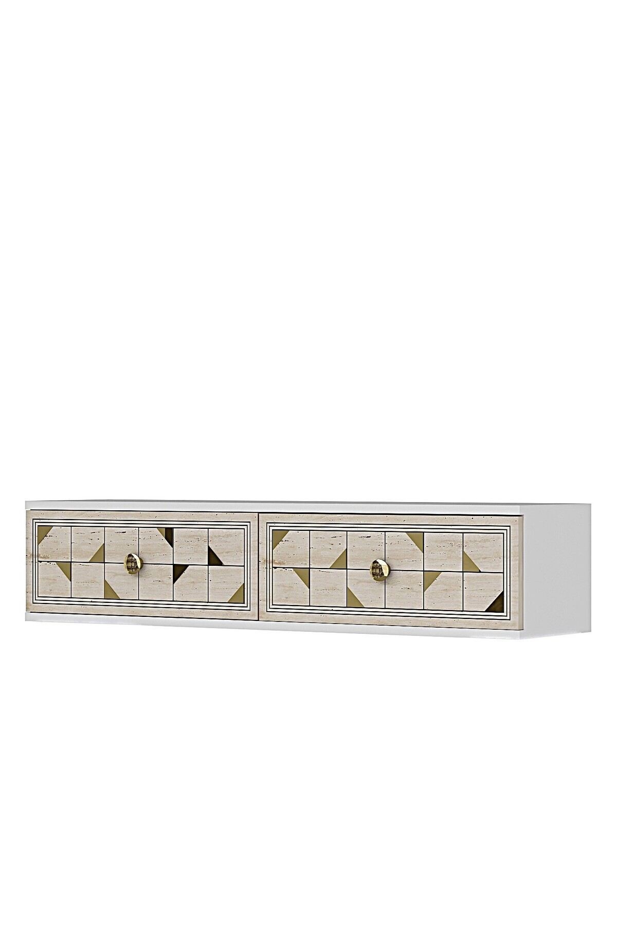 Comoda dormitor Moka 120, 120 x 25, 5 x 29, 6 cm, alb travertin auriu, PAL melaminat, oglinda inclusa, fixare pe perete, alb / travertin / gold — imaginea 5