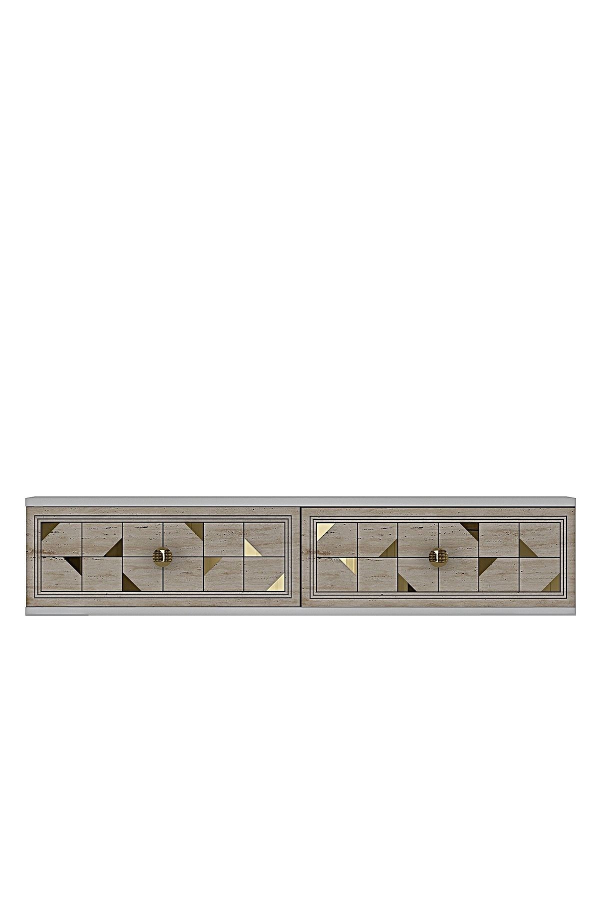 Comoda dormitor Moka 120, 120 x 25, 5 x 29, 6 cm, alb travertin auriu, PAL melaminat, oglinda inclusa, fixare pe perete, alb / travertin / gold — imaginea 6