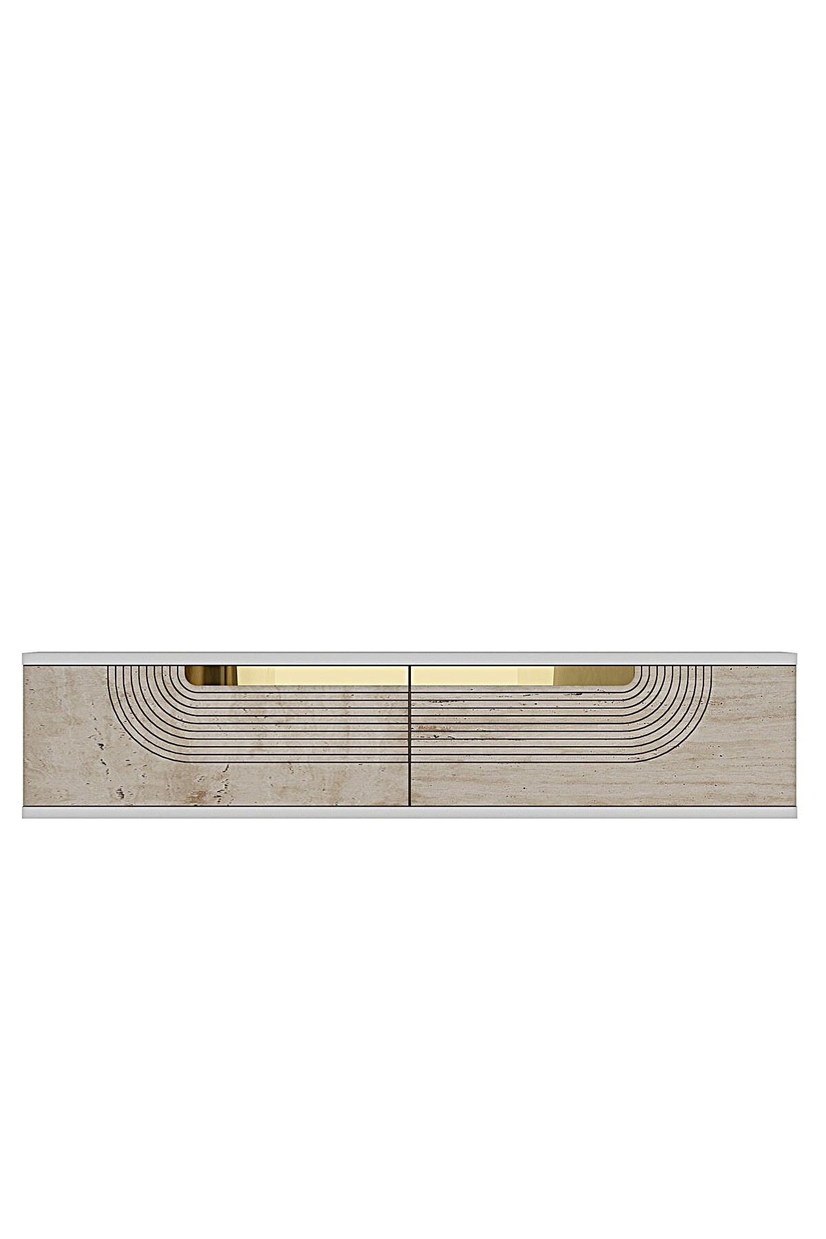 Comoda dormitor Meyra 120, 120 x 25, 5 x 29, 6 cm, alb travertin auriu, PAL melaminat, oglinda inclusa, fixare pe perete, alb / travertin / gold — imaginea 3