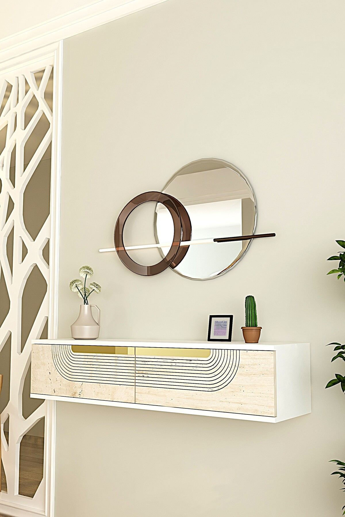 Comoda dormitor Meyra 120, 120 x 25, 5 x 29, 6 cm, alb travertin auriu, PAL melaminat, oglinda inclusa, fixare pe perete, alb / travertin / gold — imaginea 5