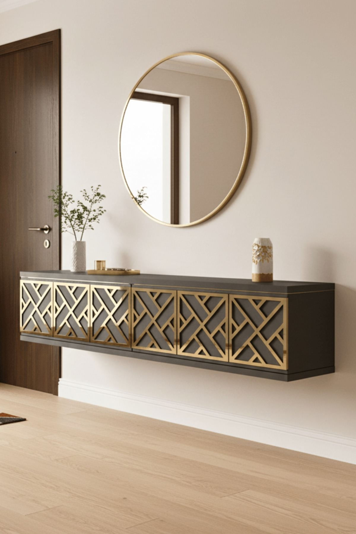 Comoda dormitor Arex 120, 120 x 25, 5 x 29, 6 cm, antracit auriu, PAL melaminat, oglinda inclusa, fixare pe perete, antracit / gold — imaginea 3