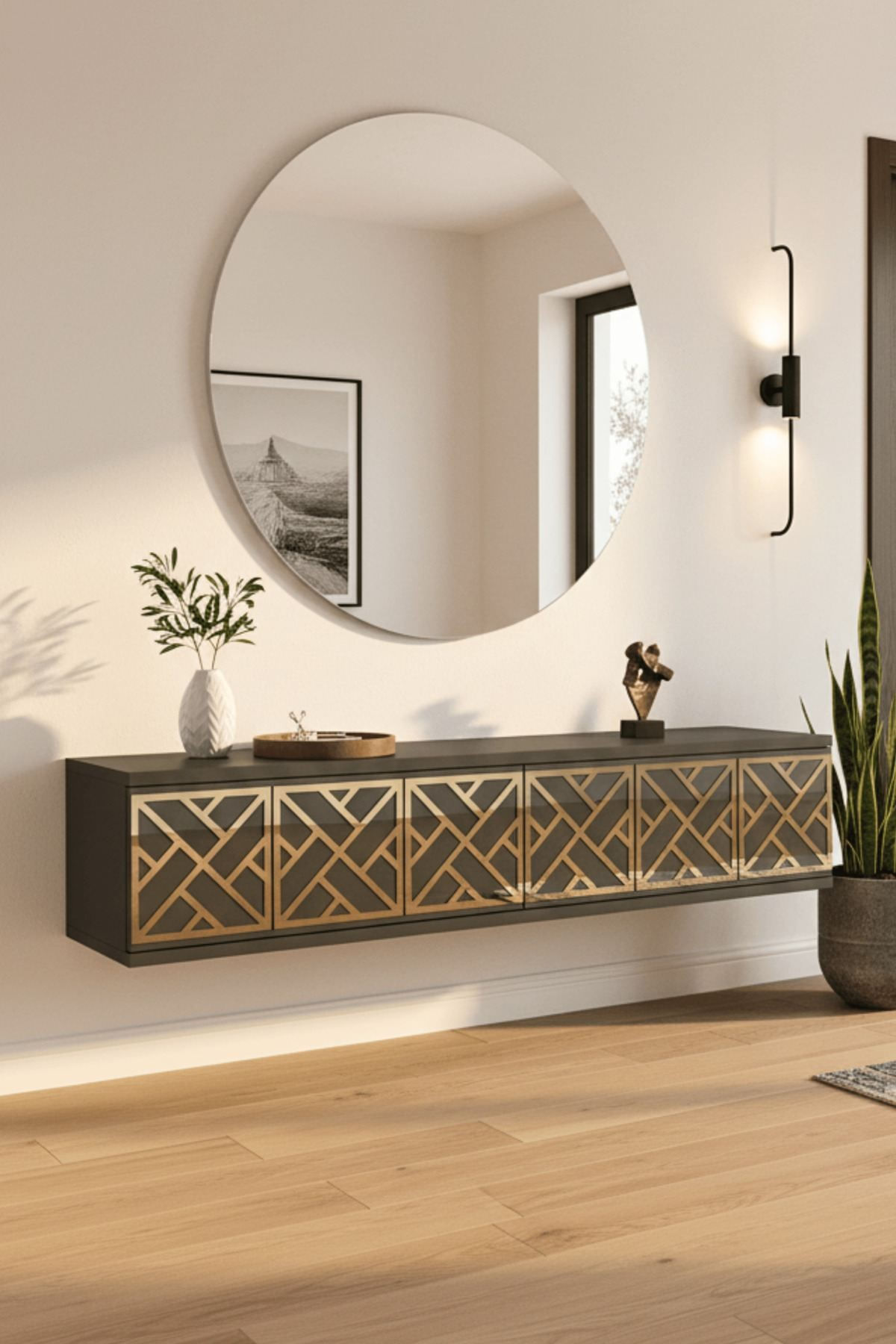 Comoda dormitor Arex 120, 120 x 25, 5 x 29, 6 cm, antracit auriu, PAL melaminat, oglinda inclusa, fixare pe perete, antracit / gold — imaginea 4