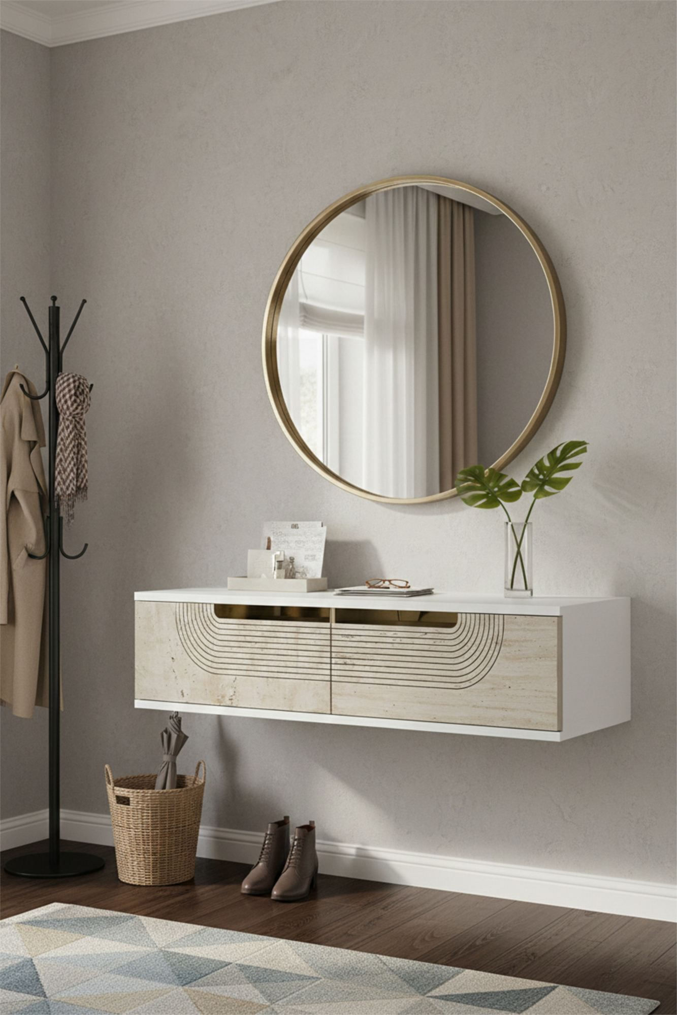Comoda dormitor Meyra 120, 120 x 25, 5 x 29, 6 cm, alb travertin auriu, PAL melaminat, oglinda inclusa, fixare pe perete, alb / travertin / gold — imaginea 7