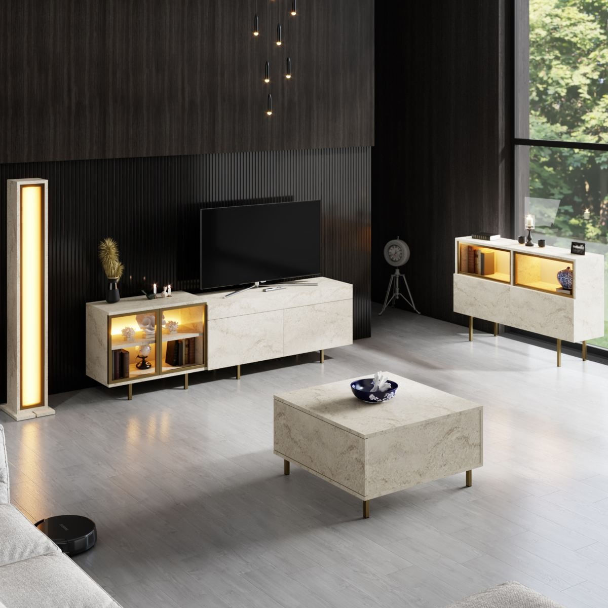 Comoda TV Vienna, 190 x 57 x 37 cm, travertin auriu, PAL melaminat, spatiu de depozitare, fixare pe perete, travertin / gold — imaginea 3