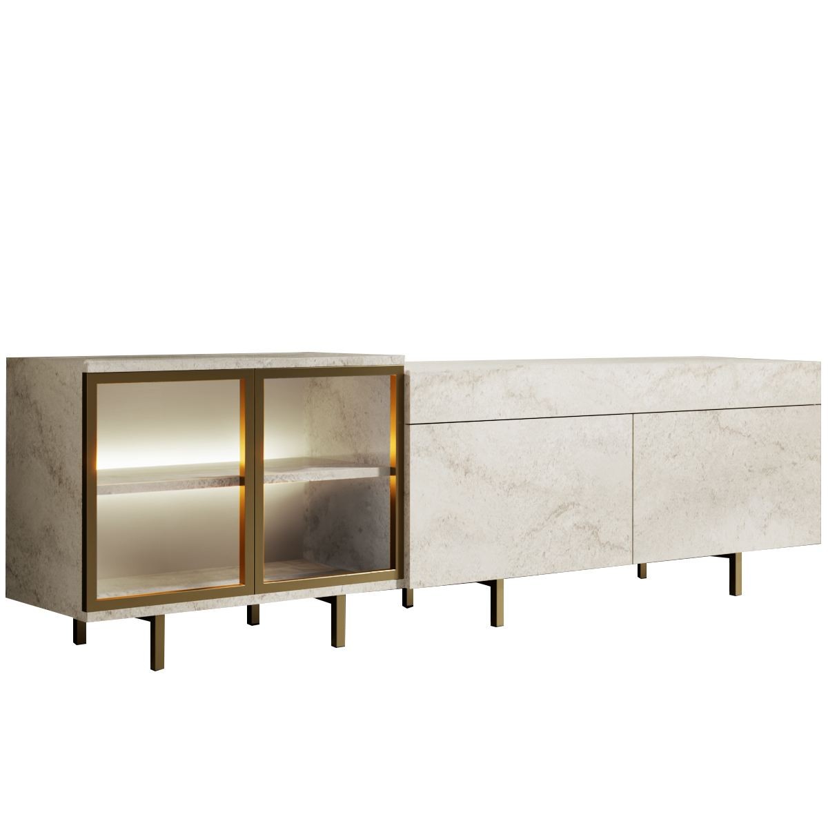Comoda TV Vienna, 190 x 57 x 37 cm, travertin auriu, PAL melaminat, spatiu de depozitare, fixare pe perete, travertin / gold — imaginea 4