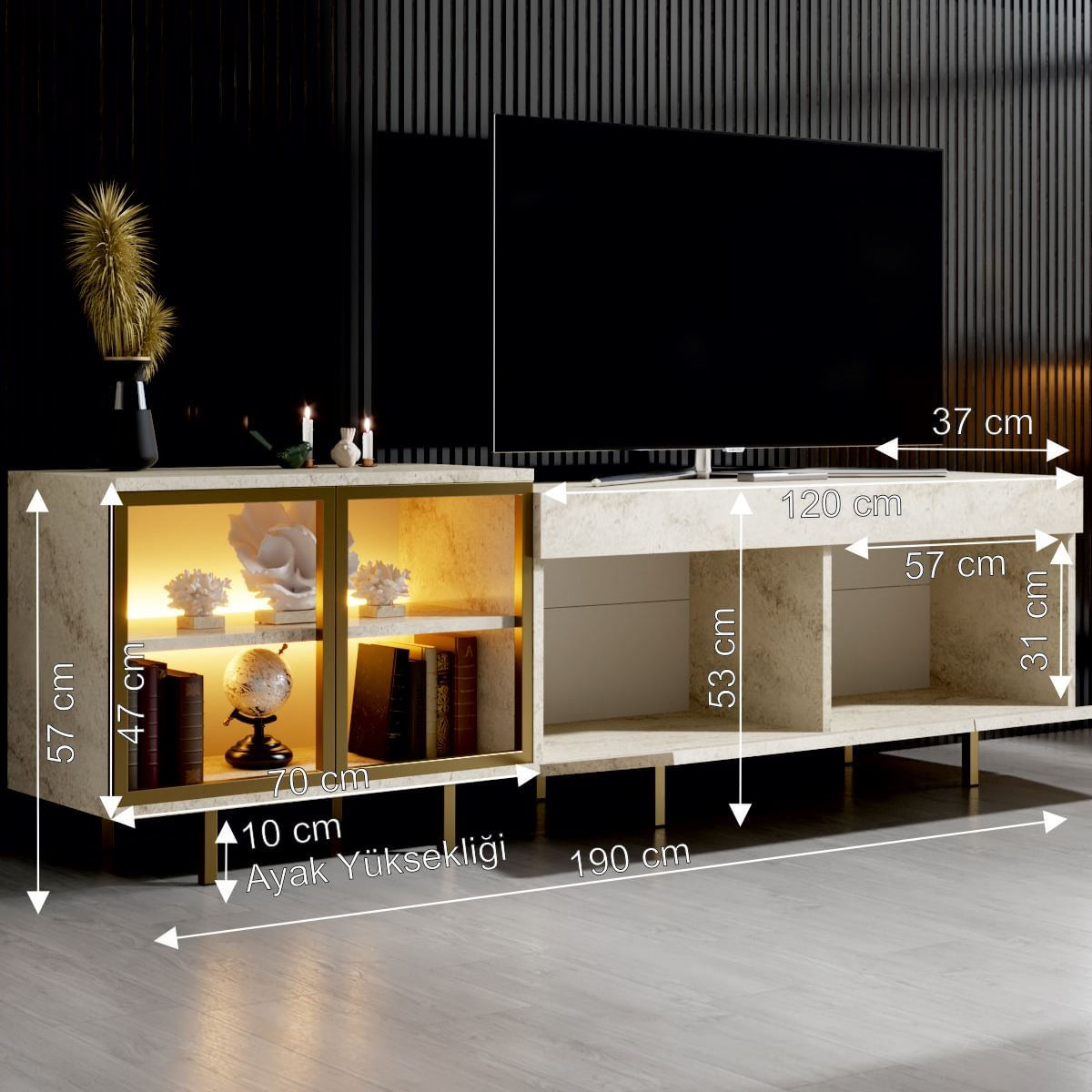 Comoda TV Vienna, 190 x 57 x 37 cm, travertin auriu, PAL melaminat, spatiu de depozitare, fixare pe perete, travertin / gold — imaginea 5