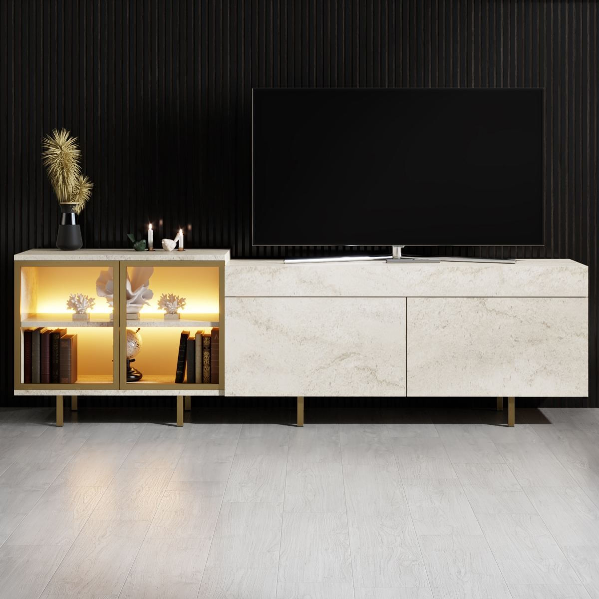 Comoda TV Vienna, 190 x 57 x 37 cm, travertin auriu, PAL melaminat, spatiu de depozitare, fixare pe perete, travertin / gold — imaginea 6